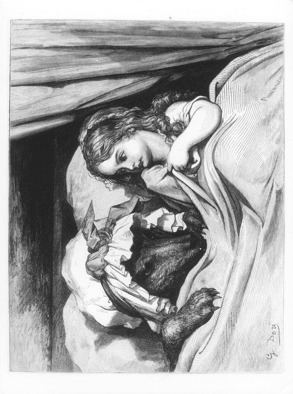Piroska és a farkas”, illusztráció a „Les Contes de Perrault”-ból, Pannemaker metszete, J.Hetzel, 1862 alkotó: Gustave Dore