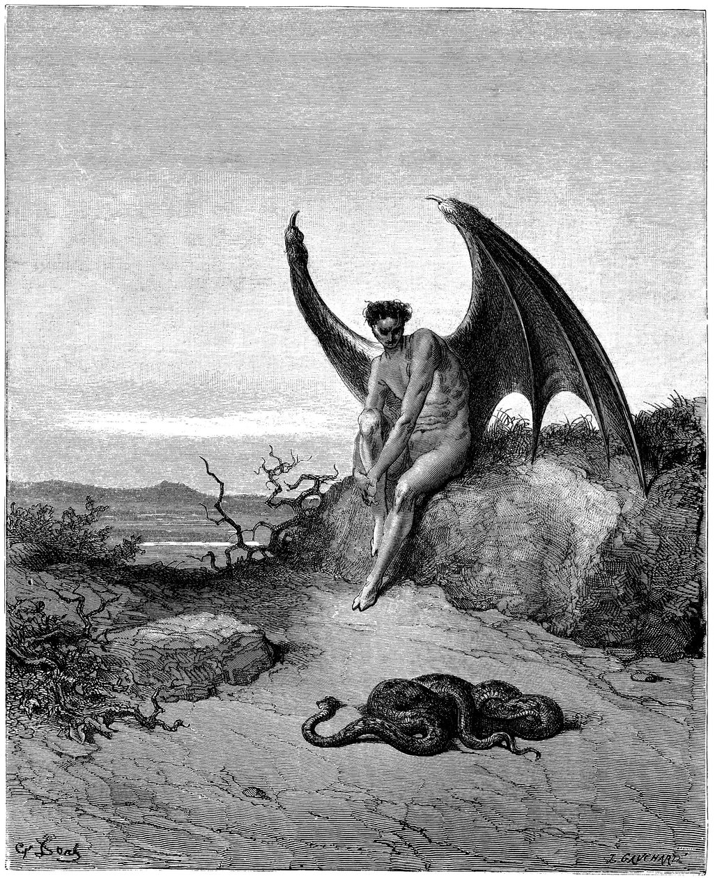 Lucifer (Sátán, dechu angyal, a mennyből a Földre esett) találkozik a kígyóval. Gustave Dore illusztrációja John Milton (1608-1674) "Elveszett Paradicsom" című művéhez. Metszet 1866-ból. Magángyűjtemény alkotó: Gustave Dore