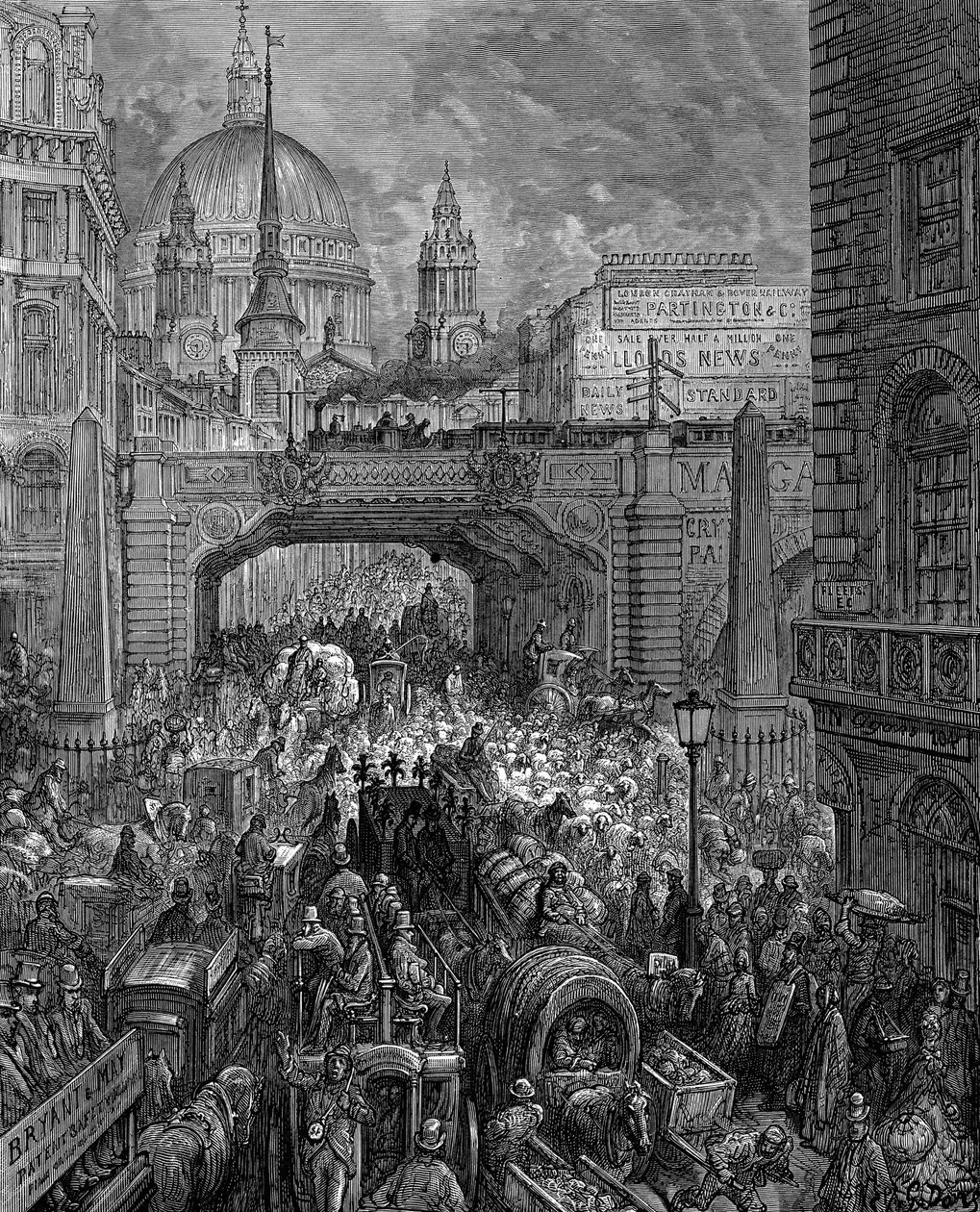 "Ludgate Hill": Gustave Dore és Blanchard Jerrold London: London 1872. Forgalmi torlódás, vasúti viadukt (középen) és a Szent Pál templom kupolája. Fametszet alkotó: Gustave Dore