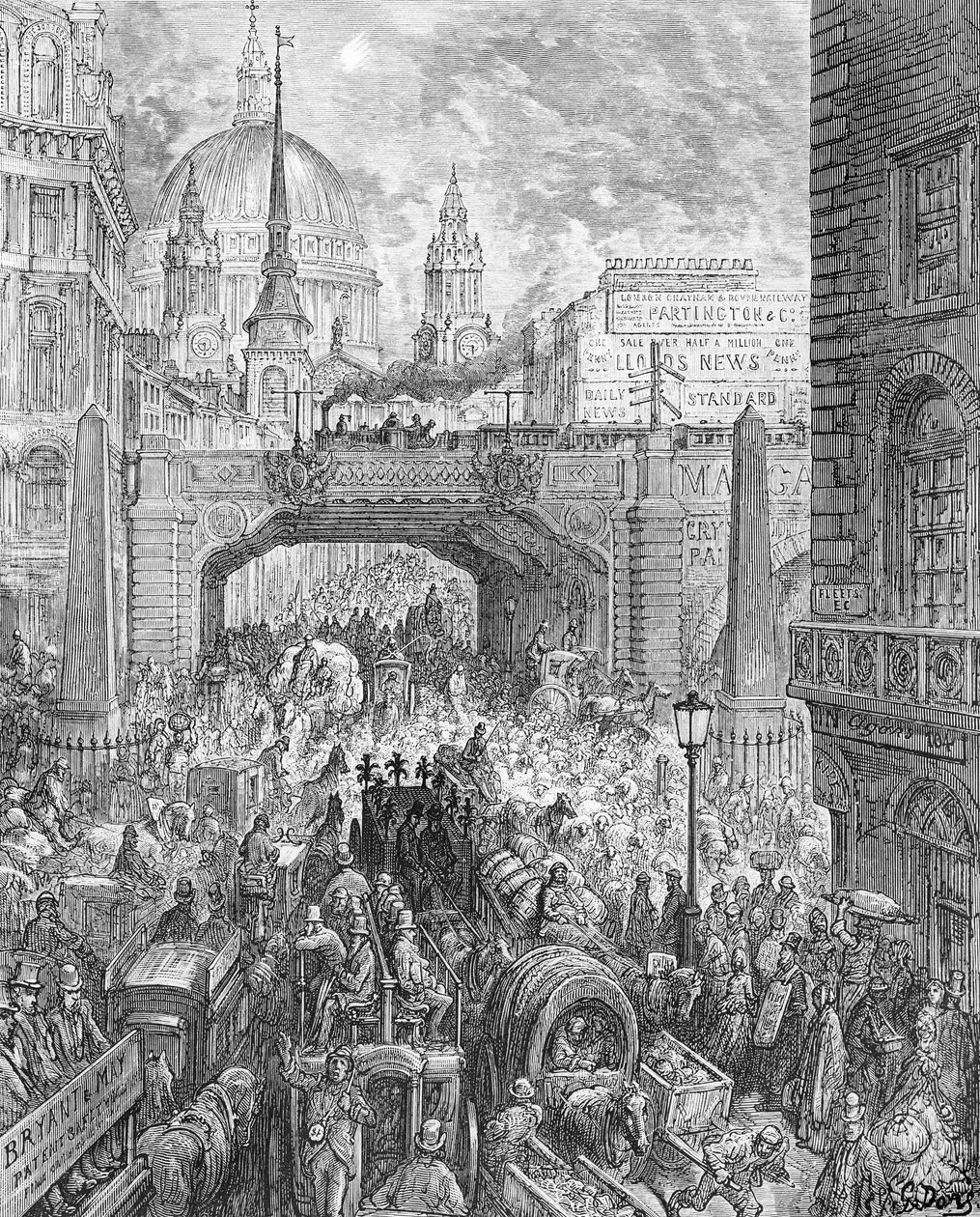 Ludgate Hill, a „London, egy zarándoklat”-ból, írta William Blanchard Jerrold (1826-94) pub. 1872 (metszet) alkotó: Gustave Dore