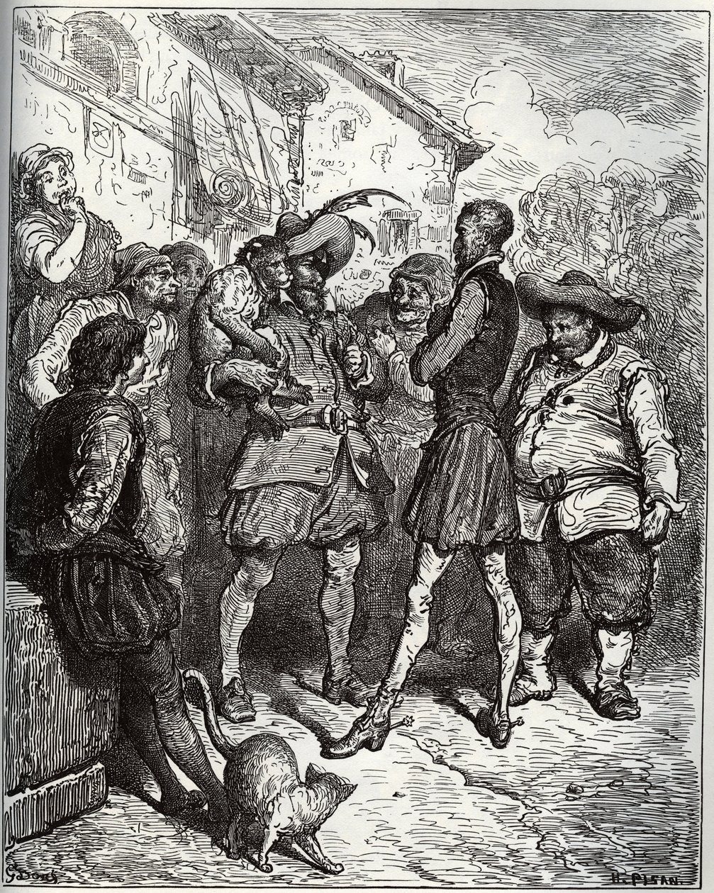 Maese Pedro és a jósló majom - Miguel Cervantes (1547-1616) "Don Quijote de la Mancha" című művéből (Don Quijote) - Fametszet Gustave Dore rajza alapján alkotó: Gustave Dore