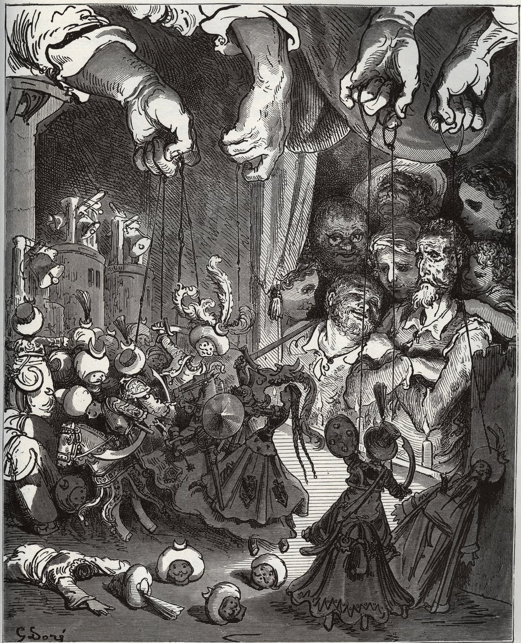 Maese Pedro bábelőadása - Miguel Cervantes (1547-1616) „Don Quijote de la Mancha”-ból (Don Quijote) - Fametszet Gustave Dore rajza alapján alkotó: Gustave Dore