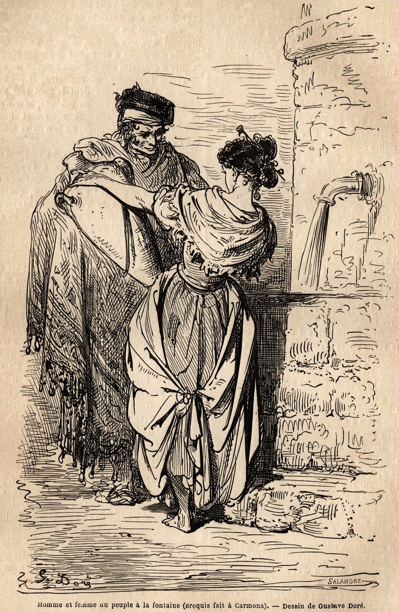 A nép férfi és nő szökőkútja Carmonában, a Sevilla melletti faluban van. Gustave Dore (1832-1883) vázlatát élőben készítette. A spanyolországi utazást illusztráló metszet Charles Davillier és Gustave Dore 1862-ben a „Le tour du monde, nouveau” c. alkotó: Gustave Dore