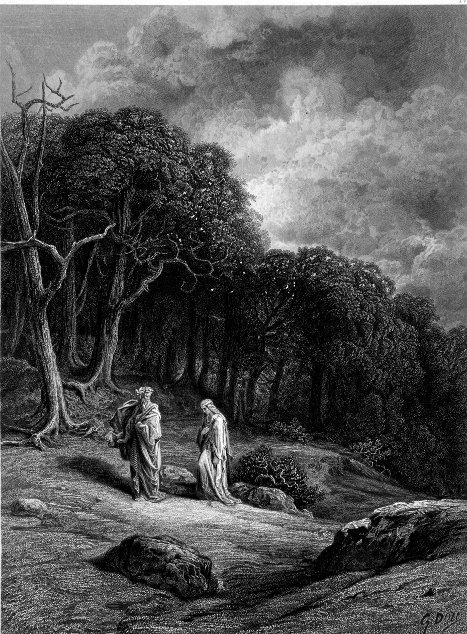 Merlin és Viviane a Brocéliande-erdőben – Alfred Tennyson „” Viviane” című filmjében, G. Doré illusztrációja alkotó: Gustave Dore