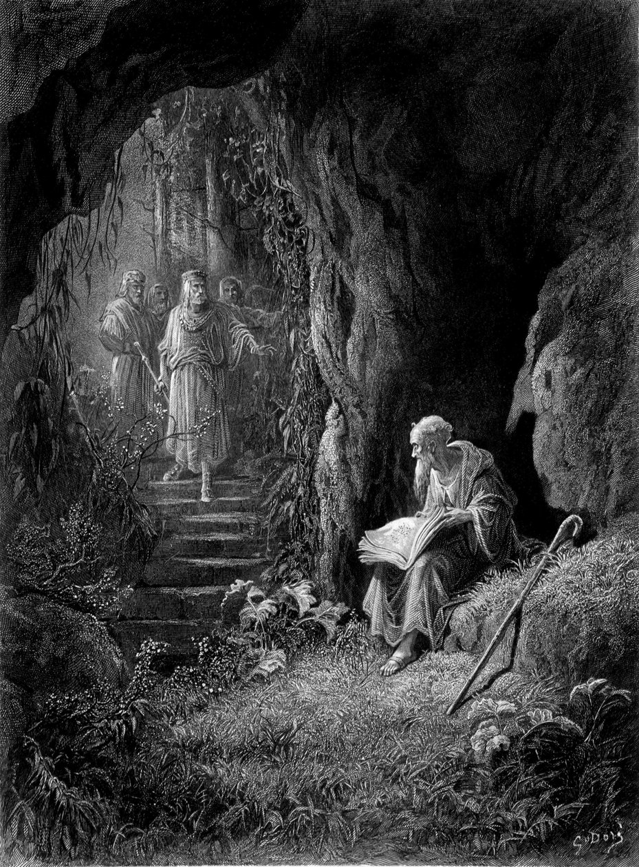 Merlint Arthur király tisztjei fedezték fel a Broceliande-erdőben (Cycle des chevaliers de la Table Ronde) – Alfred Tennyson „” Viviane” című művében, G. Doré illusztrációja alkotó: Gustave Dore