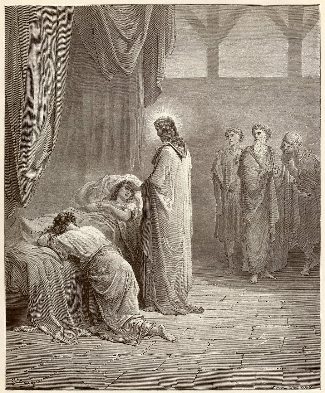 Csoda: Jézus Krisztus meggyógyította Jaire (Jairus vagy Jairos) lányát. Gustave Dore (1832-1883) által illusztrált metszet a Bibliából alkotó: Gustave Dore