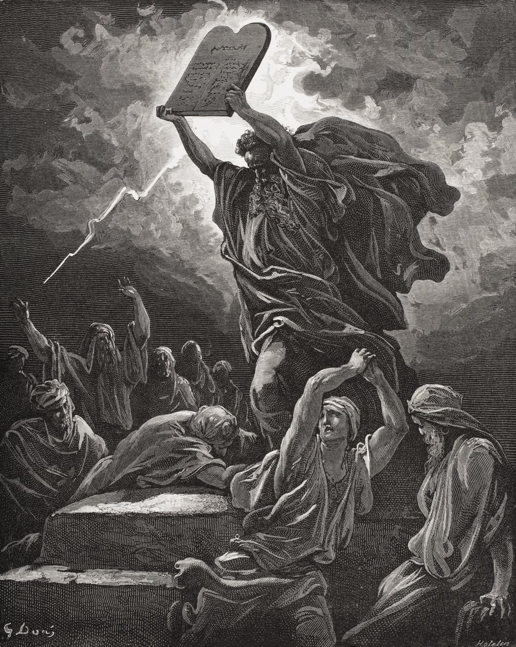 Mózes összetöri a törvénytáblákat, 2Mózes 32:19, illusztráció Dore "A Szent Biblia" című művéből, Hotelin metszete, 1866. alkotó: Gustave Dore