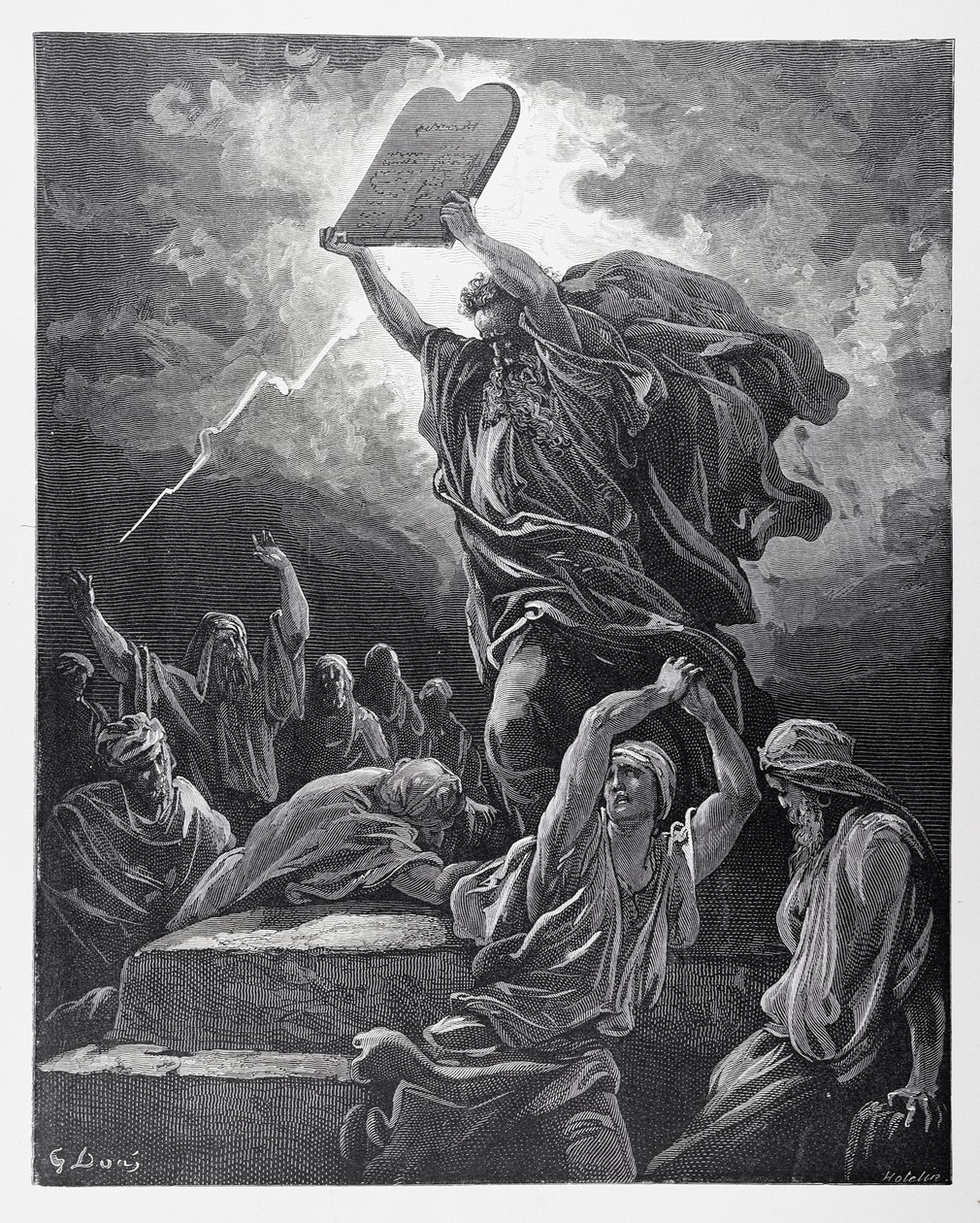 Mózes megtörte a törvény tábláit, Hotelin metszete, 1868 körül. alkotó: Gustave Dore