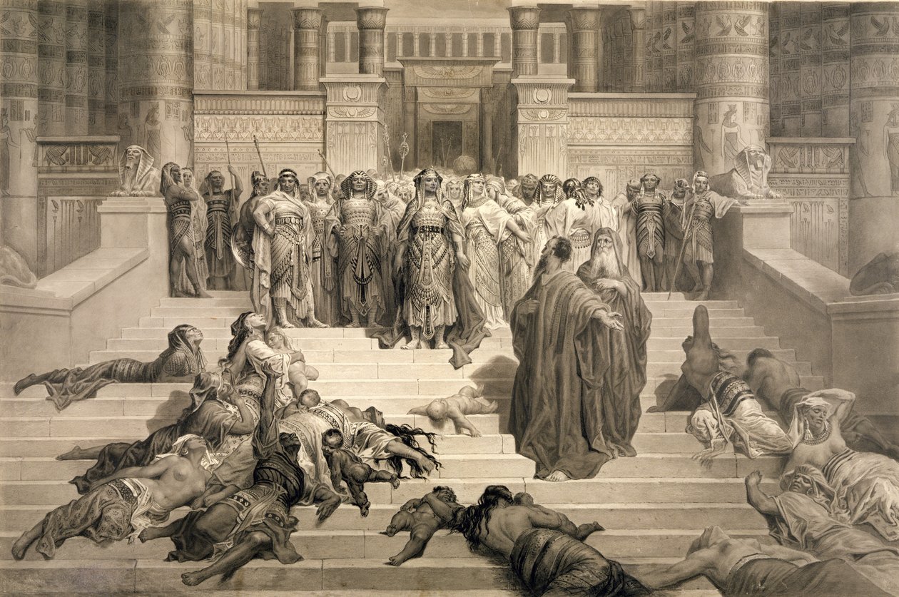 Mózes a fáraó előtt (szén-, toll- és tintamosás papíron) alkotó: Gustave Dore