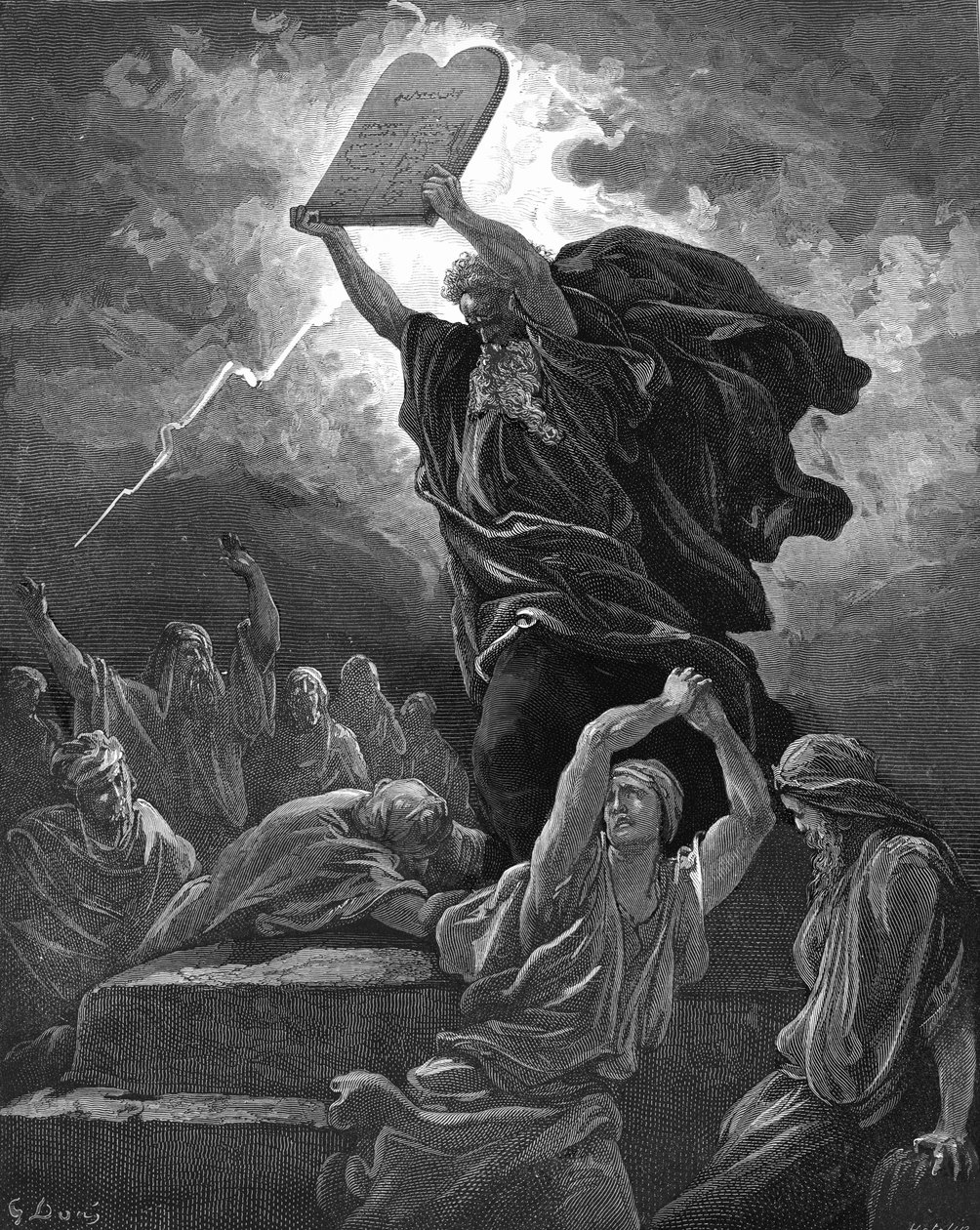 Mózes megtöri a törvénytáblákat, metszet. - Biblia alkotó: Gustave Dore