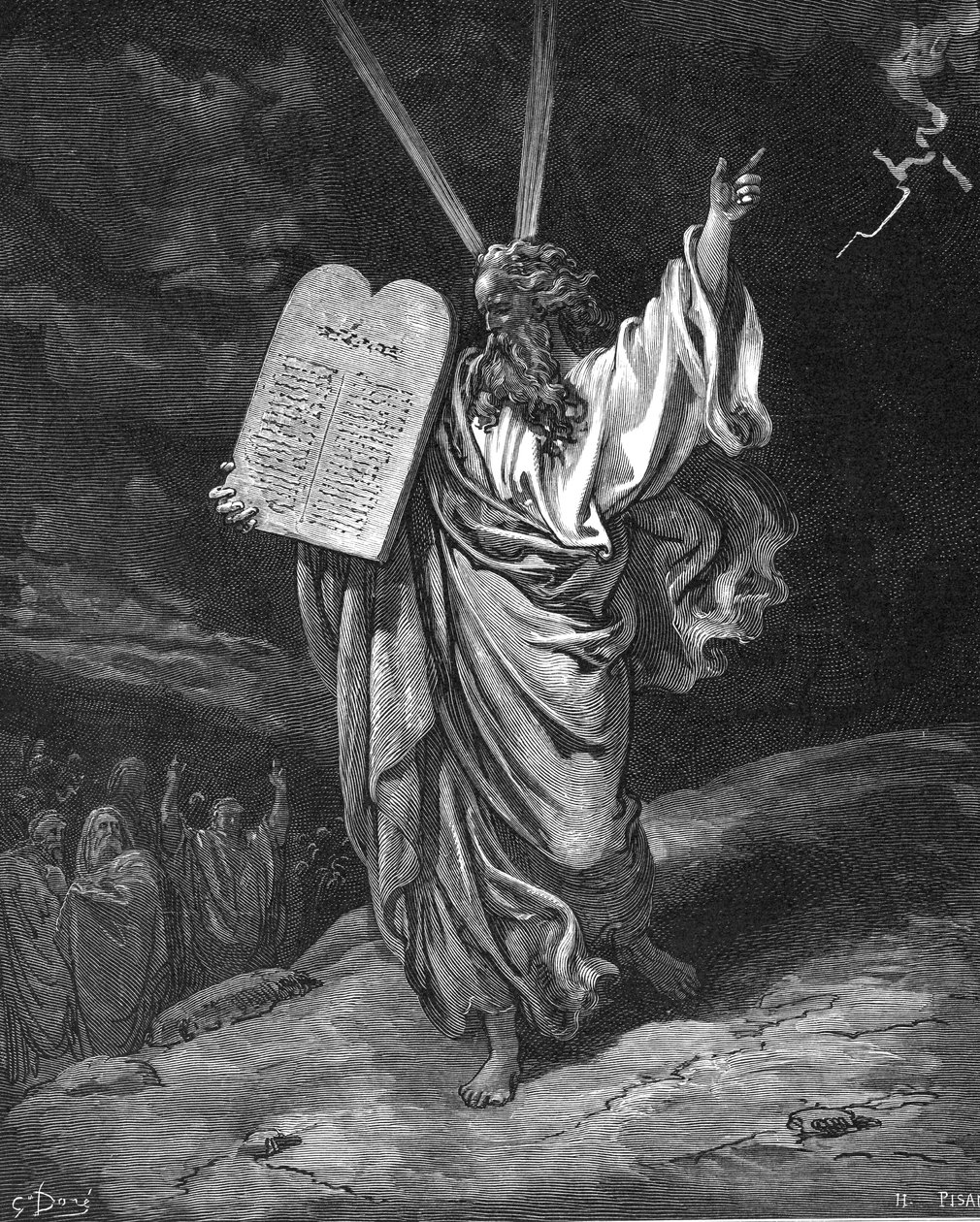 Mózes alászáll a Sínai-hegyről a törvény tábláival, Tízparancsolat, 1866 alkotó: Gustave Dore