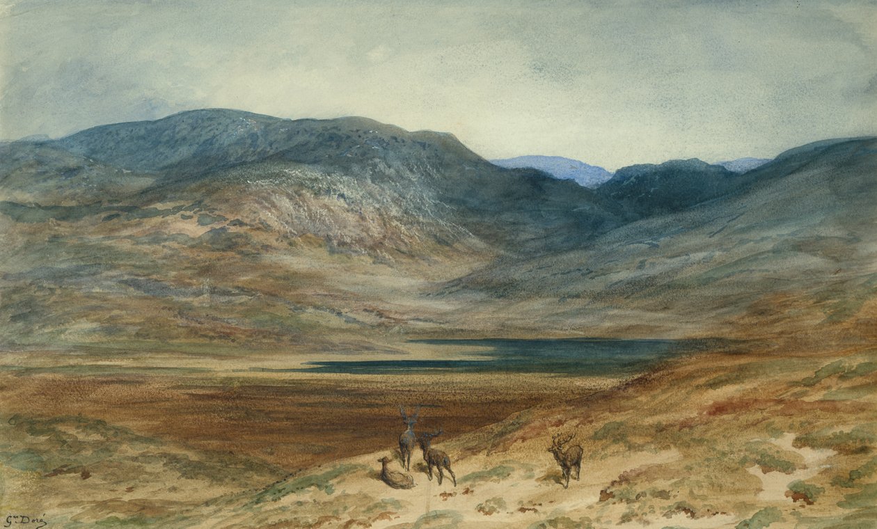 Hegyvidéki táj szarvasbikákkal, 1873 (wc és zsírkréta papíron) alkotó: Gustave Dore