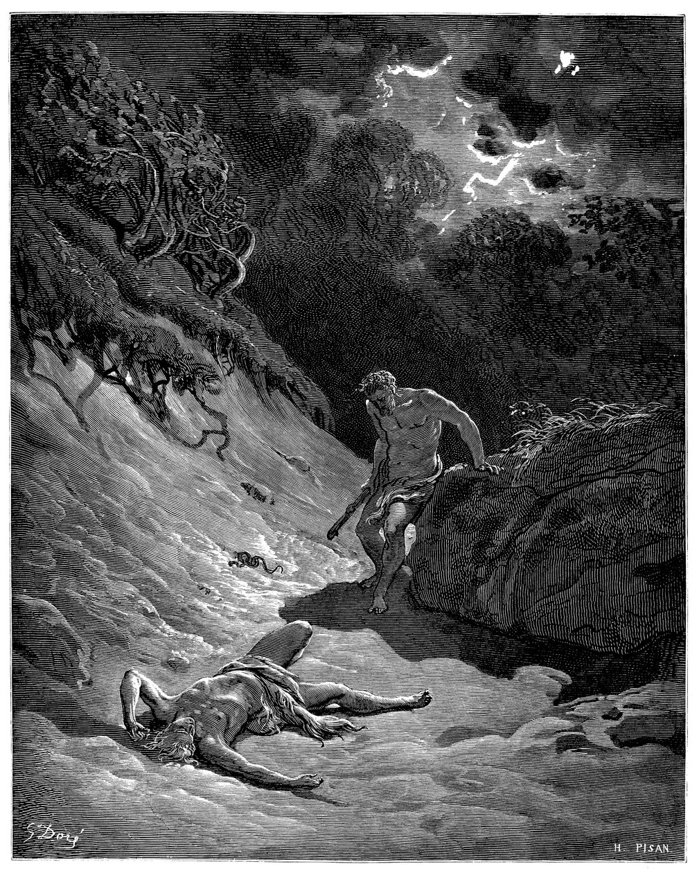Ábel meggyilkolása Káinnal - Gustave Dore illusztrációja a Biblia számára - alkotó: Gustave Dore