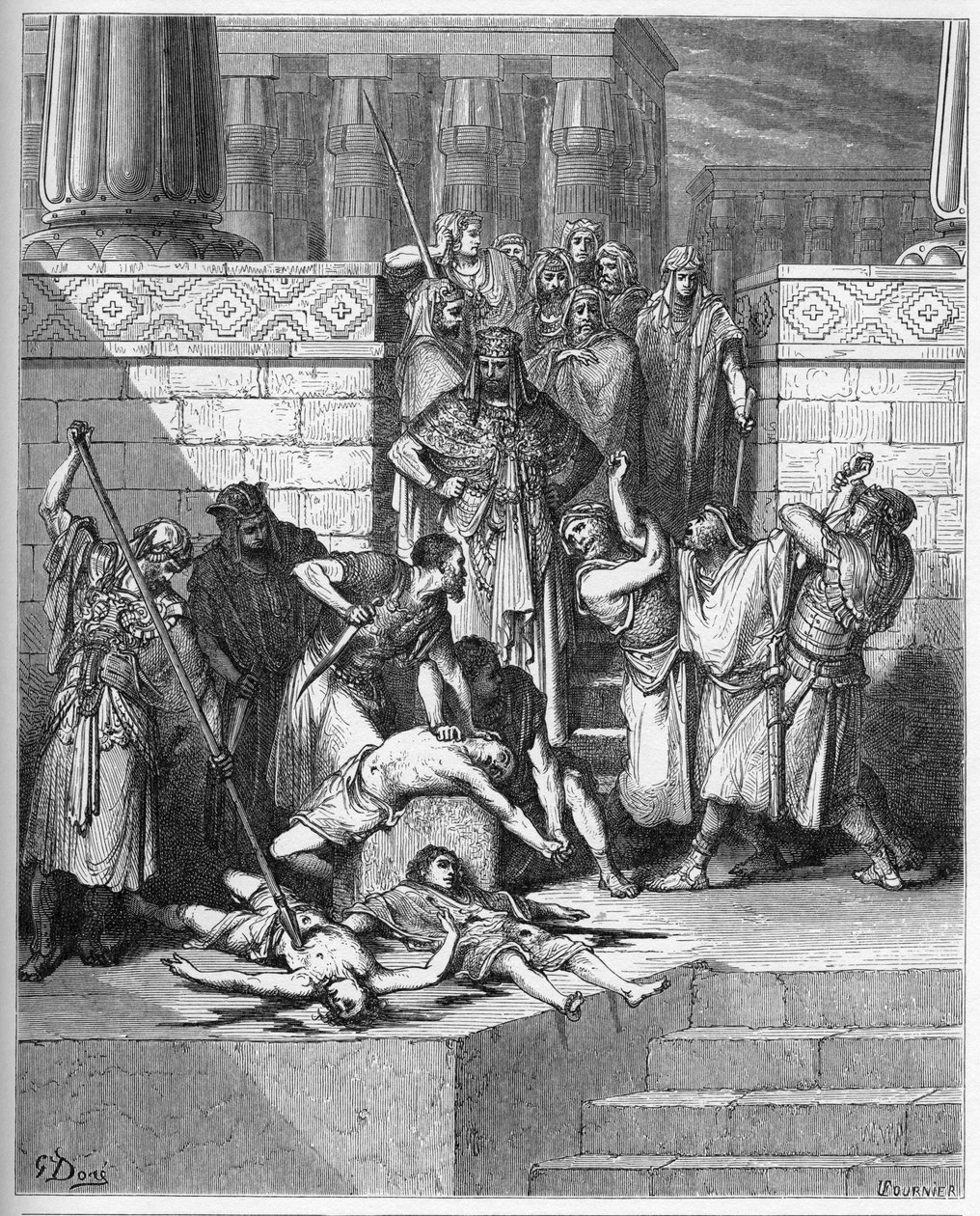 Nabukodonozor elrendeli, hogy öljék meg a lázadó Sedékiás fiait – Gustave Dore (1832-1883) „The Bible Illustree”-be vésve – Metszet „A Dore Bibliából””” alkotó: Gustave Dore