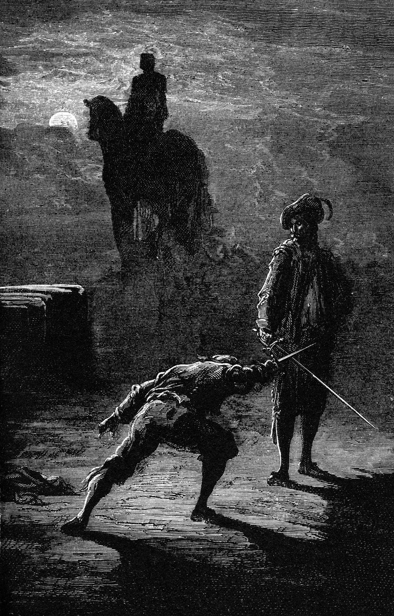 Éjszakai párbaj a holdfényben Sigognac báró és Jacquemin Lampourde között a Bronzkirály lovas szobra alatt. Gustave Dore metszete, amely Theophile Gautier "Fracasse kapitány" című regényét illusztrálja. Charpentier kiadás 1863. alkotó: Gustave Dore