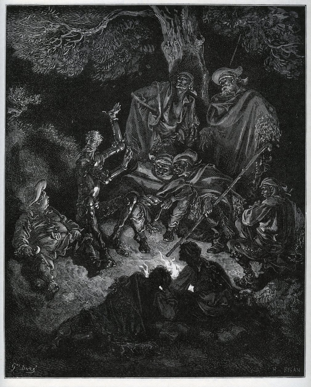 Éjszakai fény, ahol Don Quijote elmeséli a világ történetét a kecskéknek és egy Sancho Panzának - Miguel Cervantes (1547-1616) "Don Quijote de la Mancha" című művéből (Don Quijote) - Fametszet Gustave Dore rajza alapján alkotó: Gustave Dore