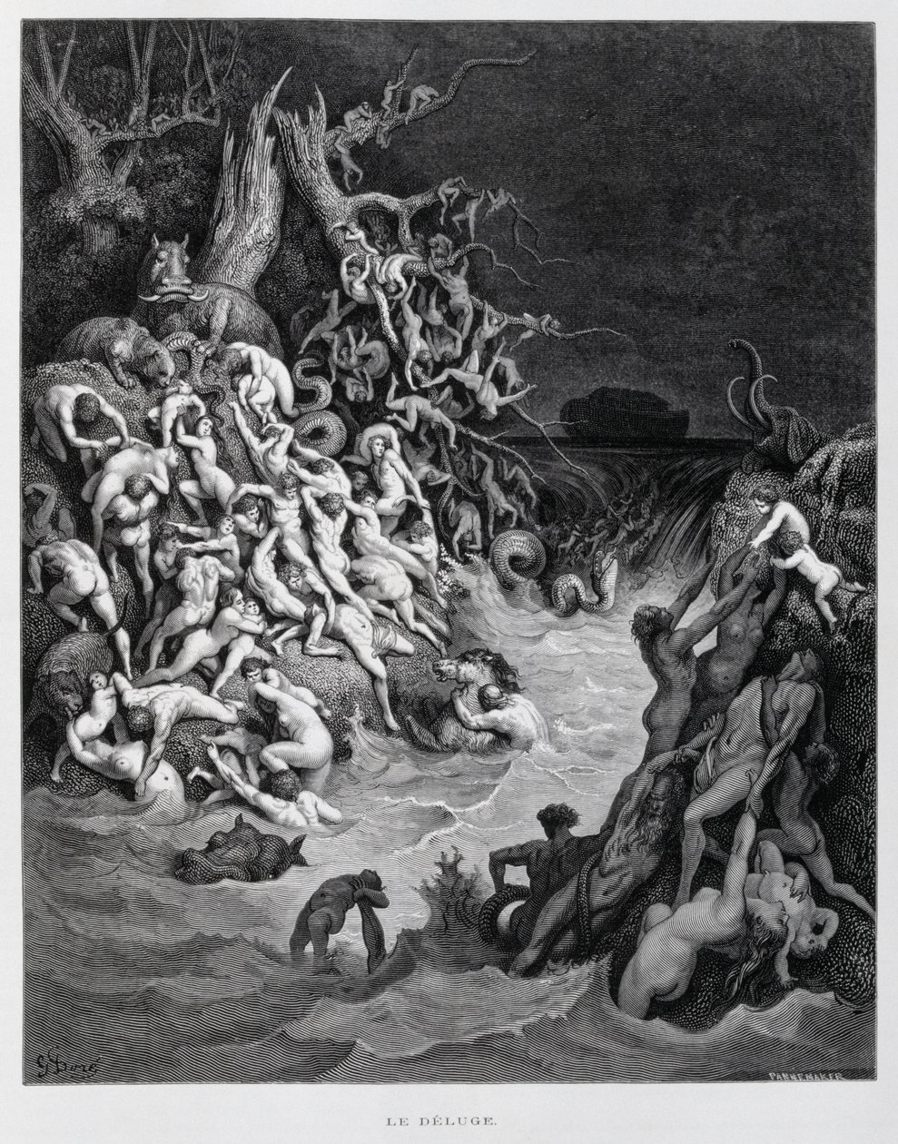 Noé és bárkája menekül, amikor a nagy özönvíz elborítja a földet, Illusztráció a Dore Bibliából. alkotó: Gustave Dore