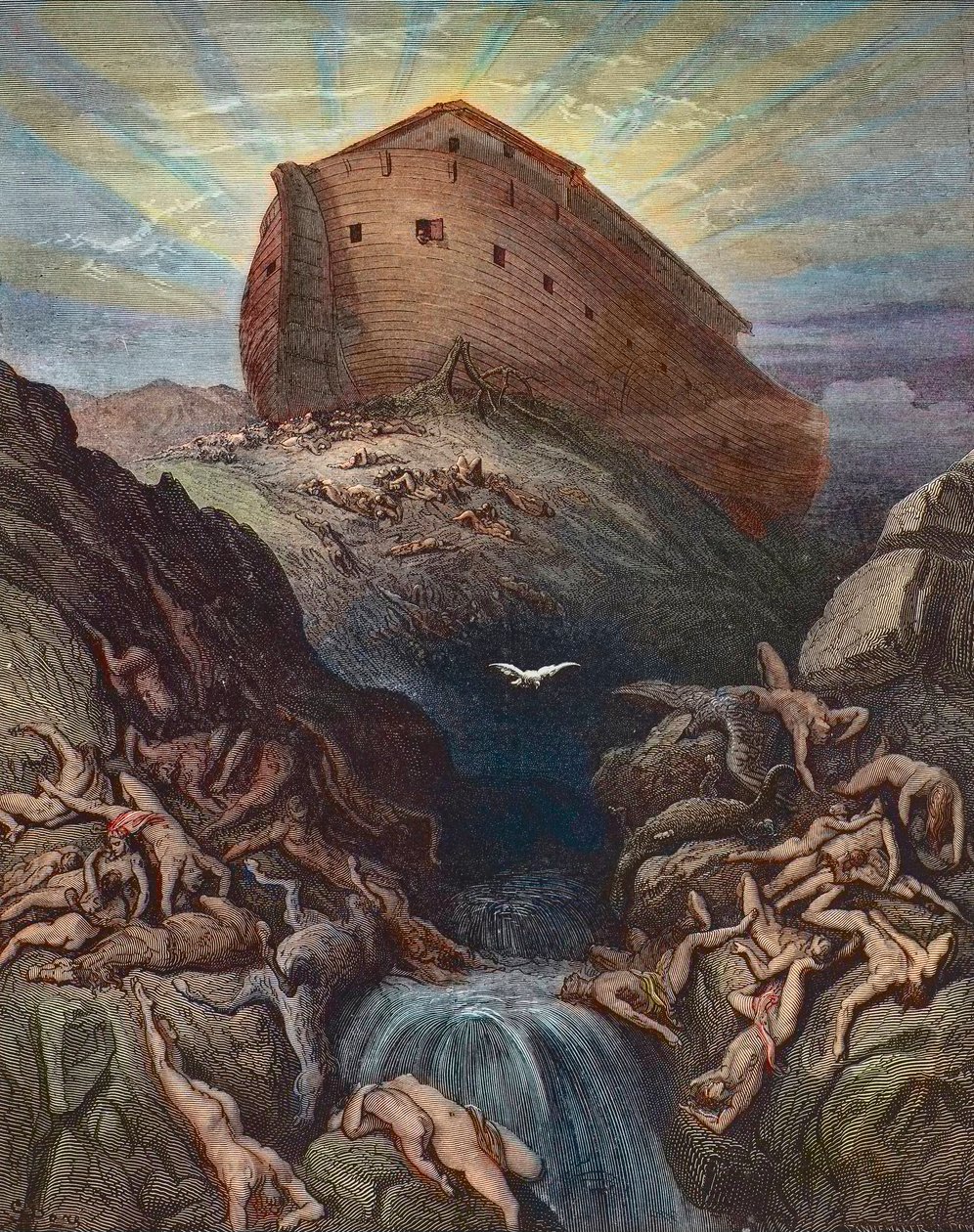 Noé galambot küld a földre – Noé kiküldi a galambot a bárkából, Gustave Dore (1832-1883) metszete alkotó: Gustave Dore