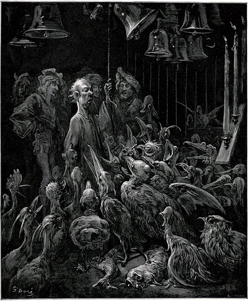 A Sonnante-szigeten Panurge a harangok megszólaltatásával dalra fakasztja a madarakat - Gustave Dore illusztrációja Francois Rabelais összes művéhez - Ötödik könyv - Pantagruel alkotó: Gustave Dore