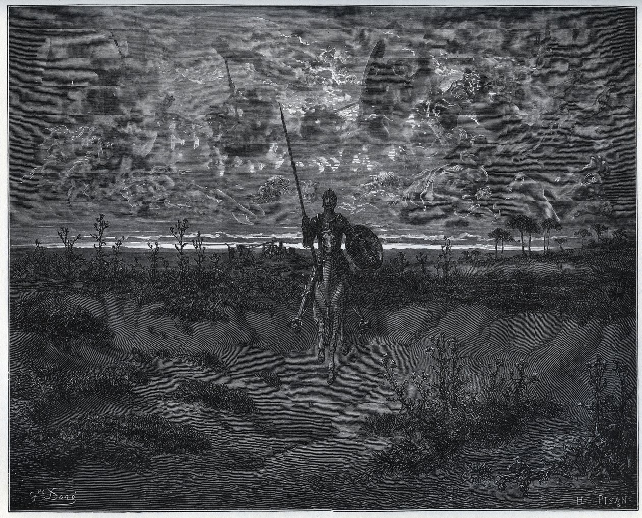 Ezen az úton vadonatúj kalandorunk magában beszélt – Miguel Cervantes „Don Quijote de la Mancha” című művéből alkotó: Gustave Dore