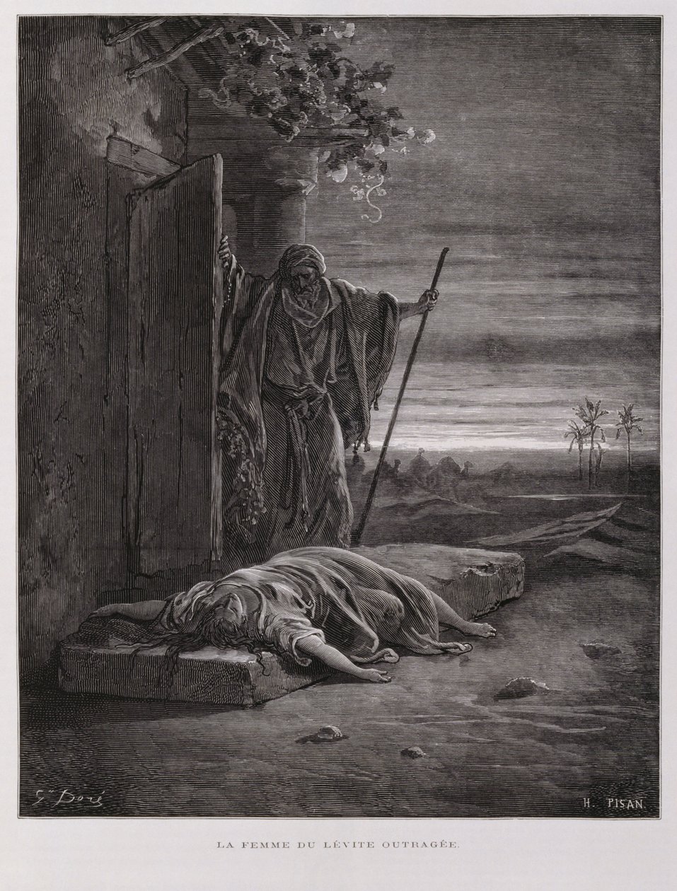 Felháborodás Gibeában, a levita elviszi halott ágyasát, Illusztráció a Dore Bibliából. alkotó: Gustave Dore