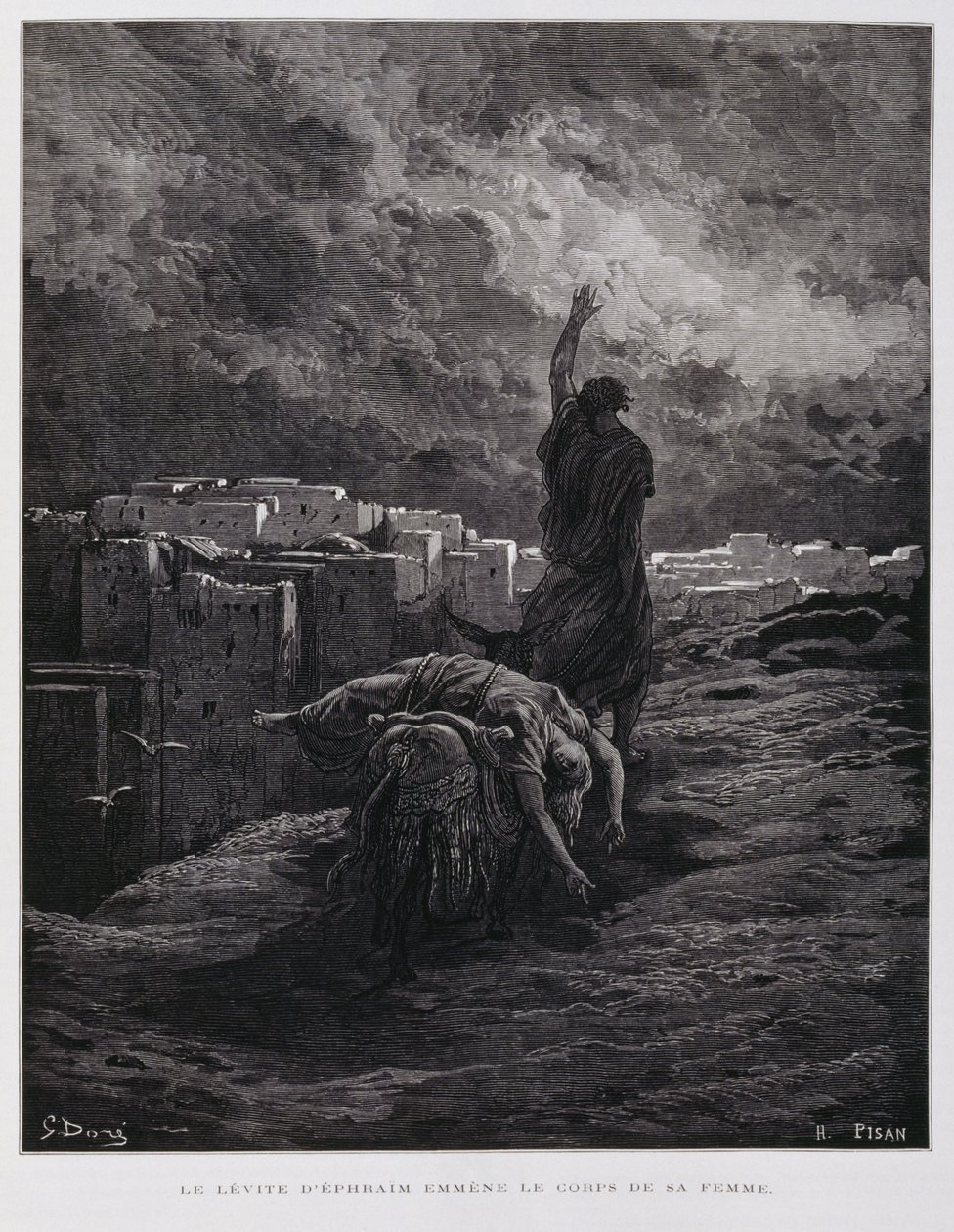 Felháborodás Gibeában, a levita elviszi halott ágyasát, Illusztráció a Dore Bibliából. alkotó: Gustave Dore