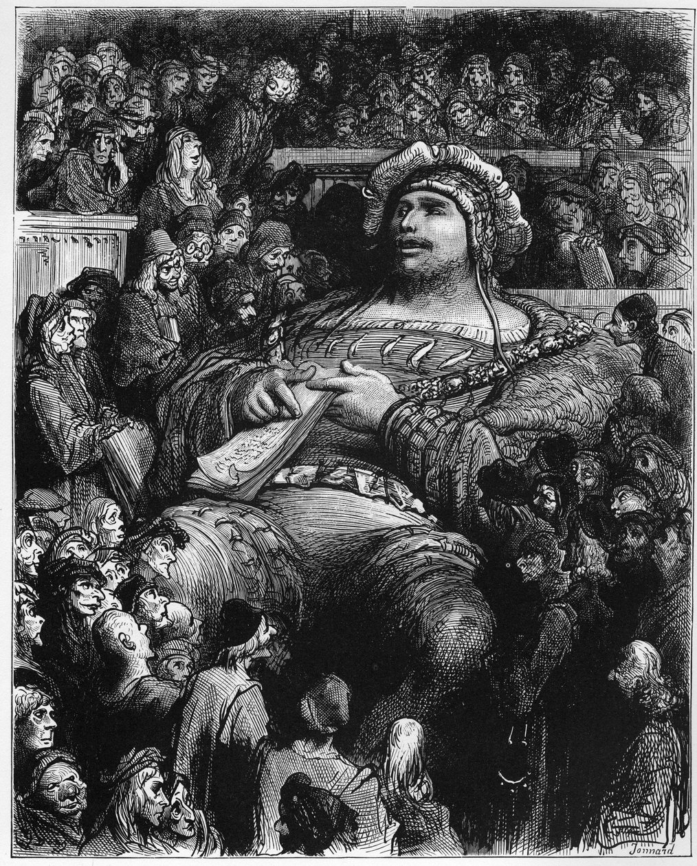 Pantagruel a párizsi tudósok ellen próbára teszi a kedvét – illusztráció a „Gargantua és Pantagruel” című művéből, Francois Rabelais – Gustave Dore (1832-1883) metszet alkotó: Gustave Dore
