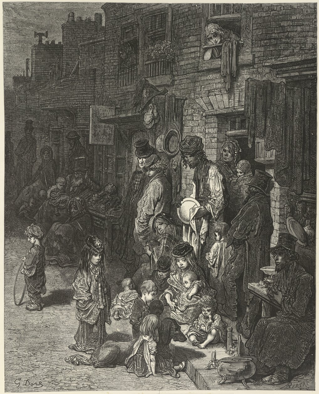 Emberek állnak és ülnek a házaik előtt, egy utcában, „London: zarándoklat”-ból, William Blanchard Jerrold alkotó: Gustave Dore