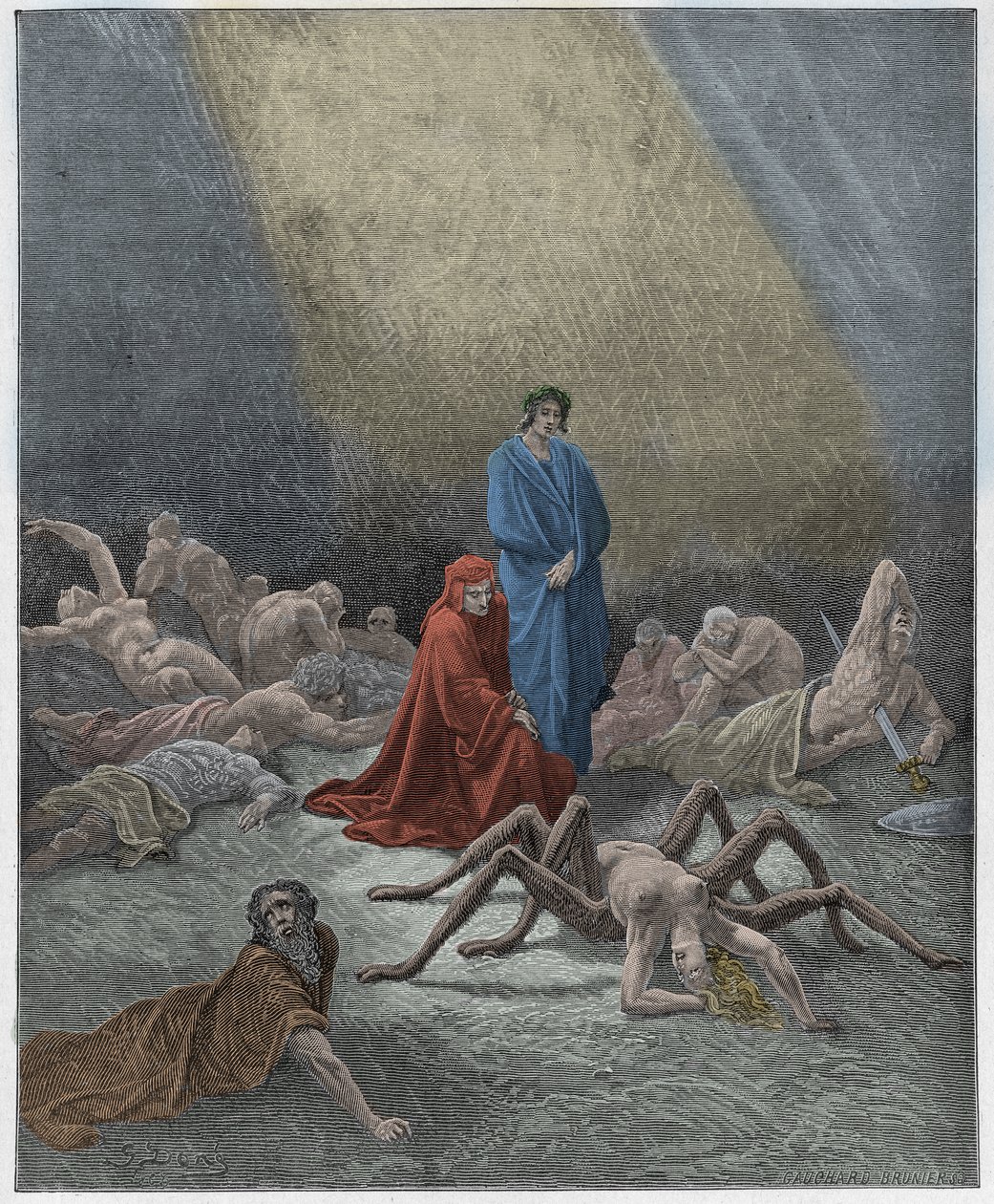 Purgatorio, 12. ének: Dante Arachne lelkét nézi, illusztráció Dante Alighieri "Isteni színjátékából", 1885 alkotó: Gustave Dore
