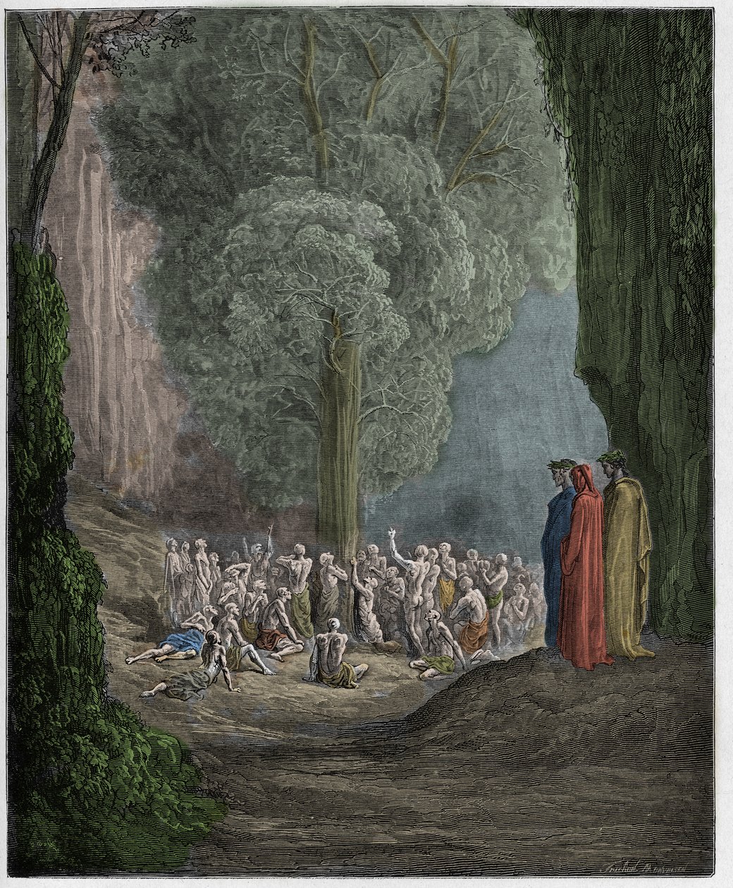 Purgatorio, 24. ének: A falánk lelkek kiáltoznak a fa alatt, illusztráció Dante Alighieri "Isteni színjátékából", 1885 alkotó: Gustave Dore