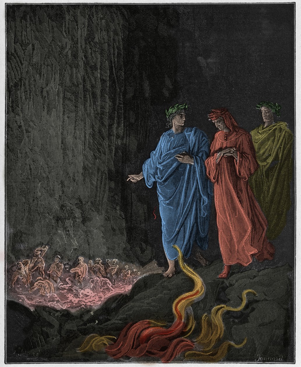 Purgatorio, 25. ének: A költők a hetedik körben, illusztráció Dante Alighieri "Isteni színjátékából", 1885 alkotó: Gustave Dore