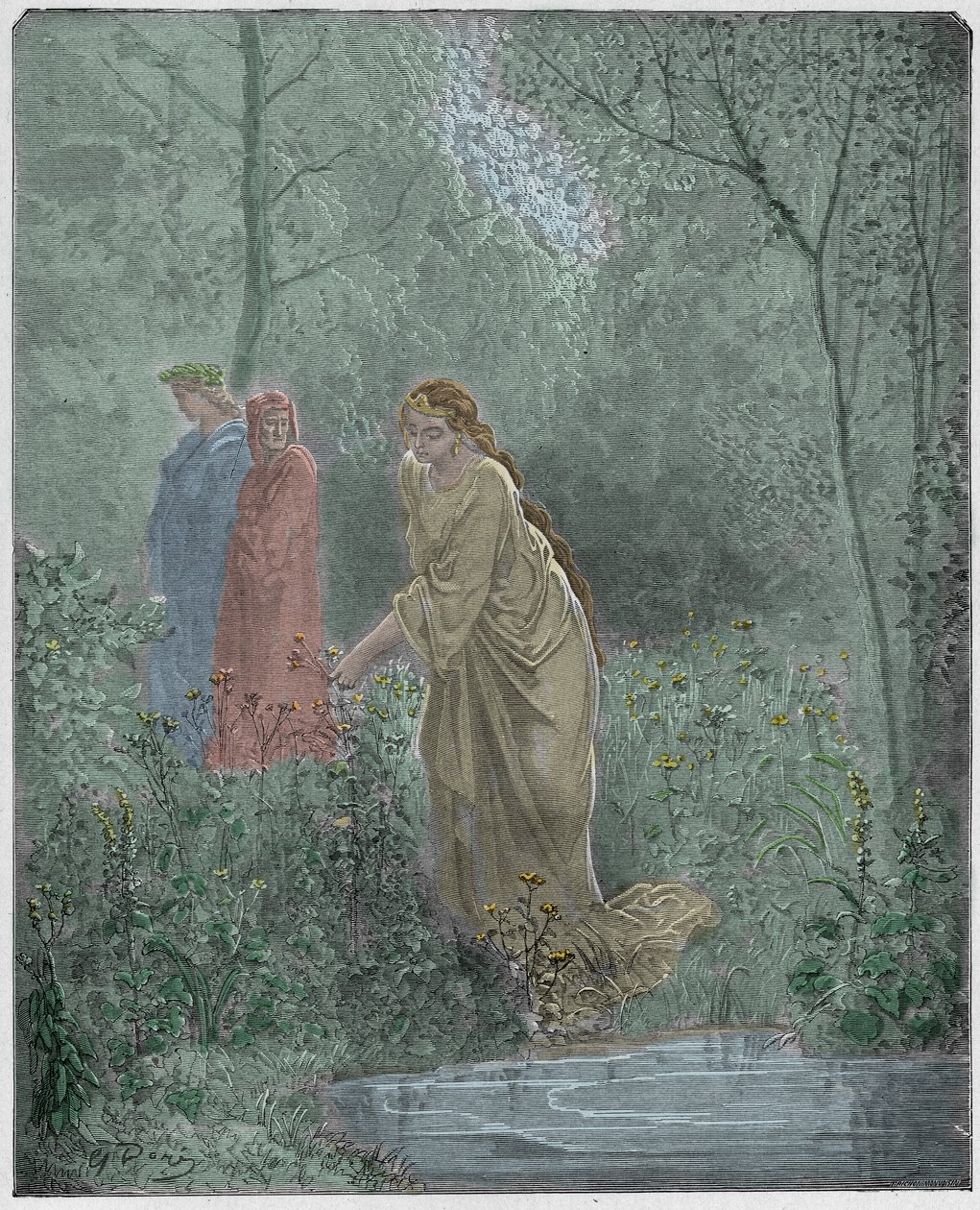 Purgatorio, 27. ének: Dante álma Leahról a réten, illusztráció Dante Alighieri "Isteni színjátékából", 1885 alkotó: Gustave Dore