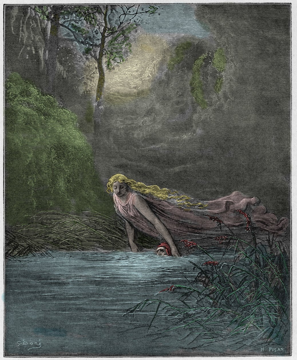 Purgatorio, 31. ének: Dante elmerült a Lethe folyóban, illusztráció Dante Alighieri "Isteni színjátékából", 1885 alkotó: Gustave Dore