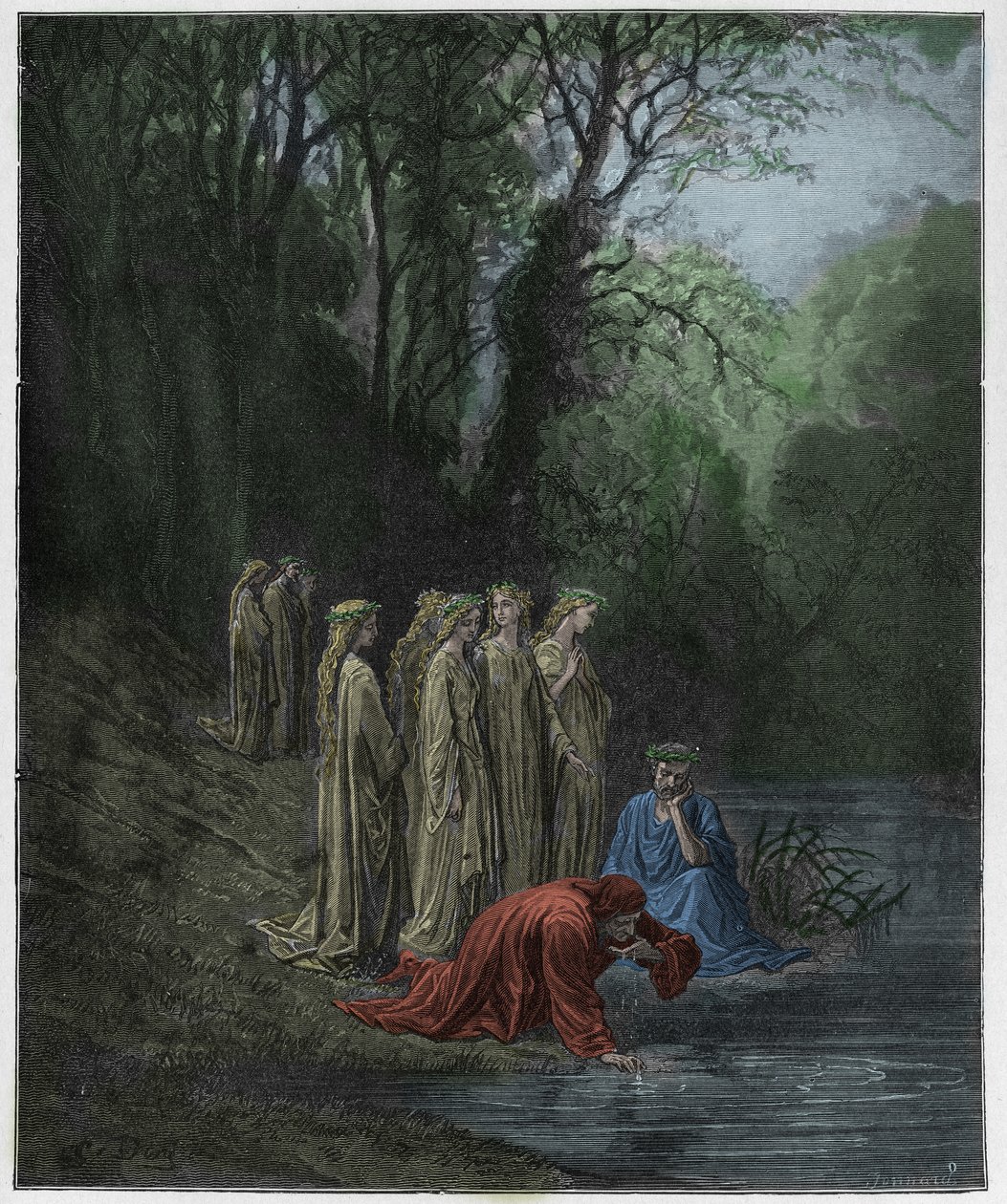 Purgatorio, 33. ének: Dante italai az Eunoe folyóból, illusztráció Dante Alighieri "Isteni színjátékából", 1885 alkotó: Gustave Dore