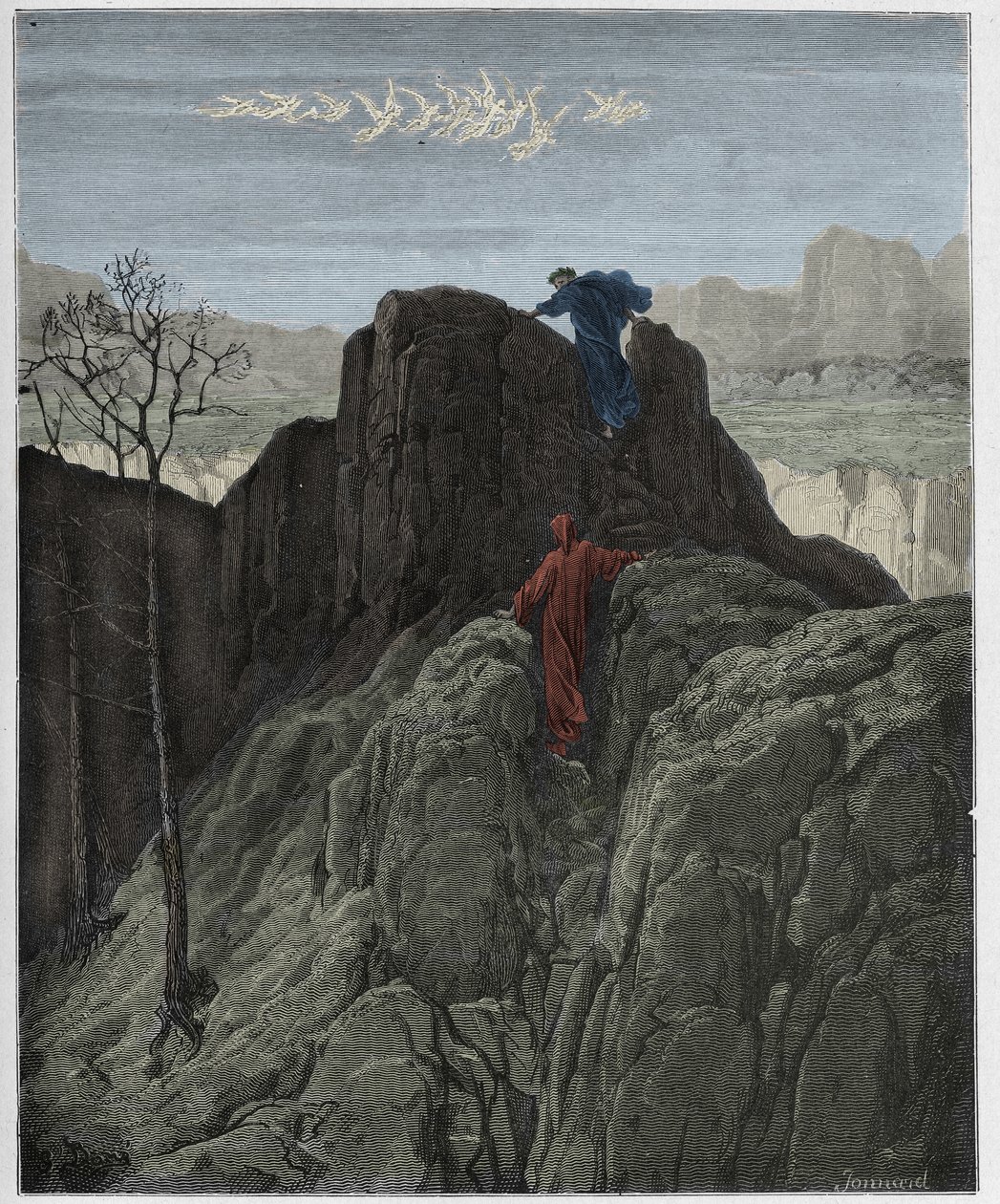 Purgatorio, 4. ének: Vergilius felvezeti Dantét a zord hegyoldalon, illusztráció Dante Alighieri "Isteni színjátékából", 1885 alkotó: Gustave Dore