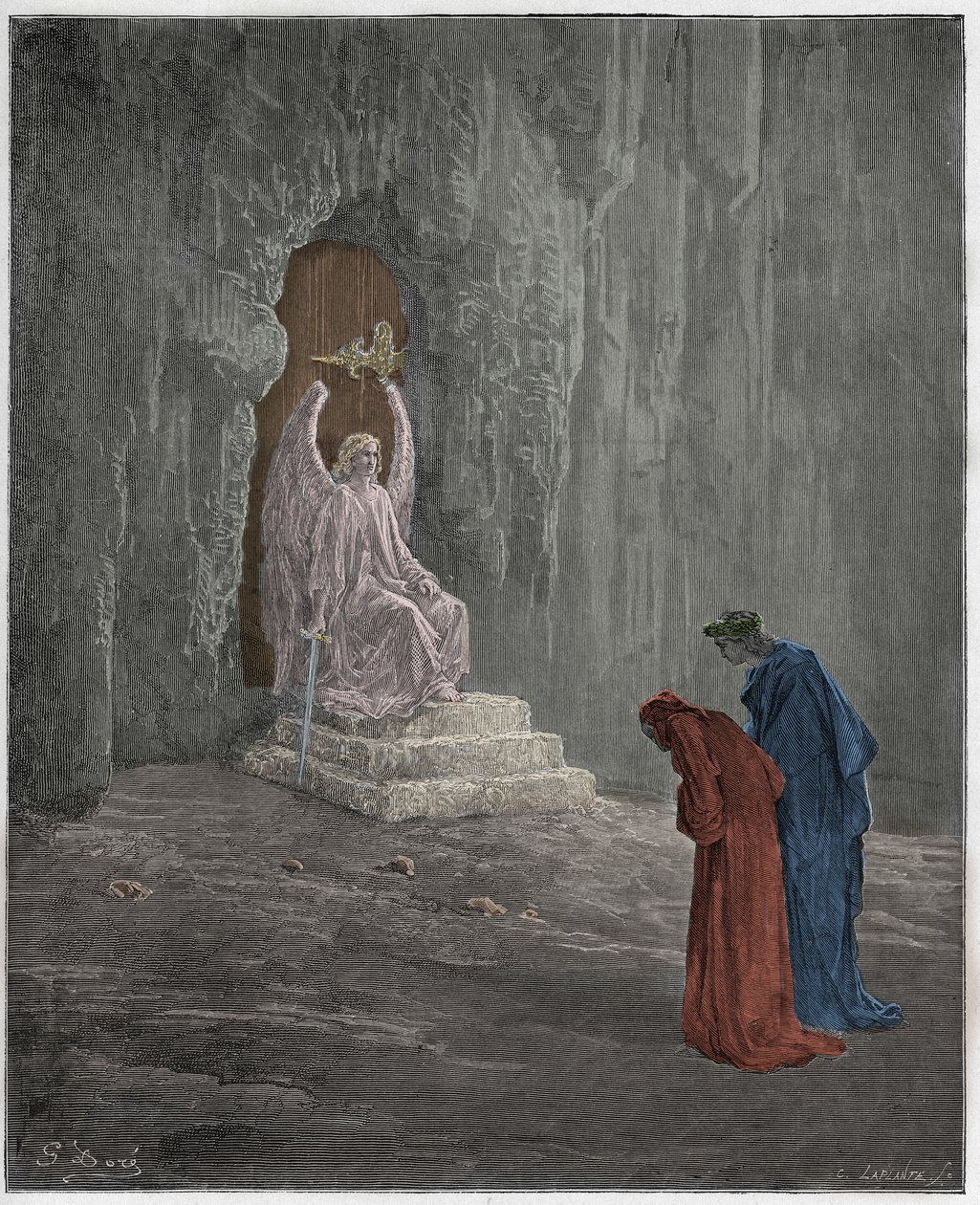 Purgatorio, 9. ének: Dante és Vergilius a Purgatórium kapuinál, illusztráció Dante Alighieri "Isteni színjátékából", 1885 alkotó: Gustave Dore