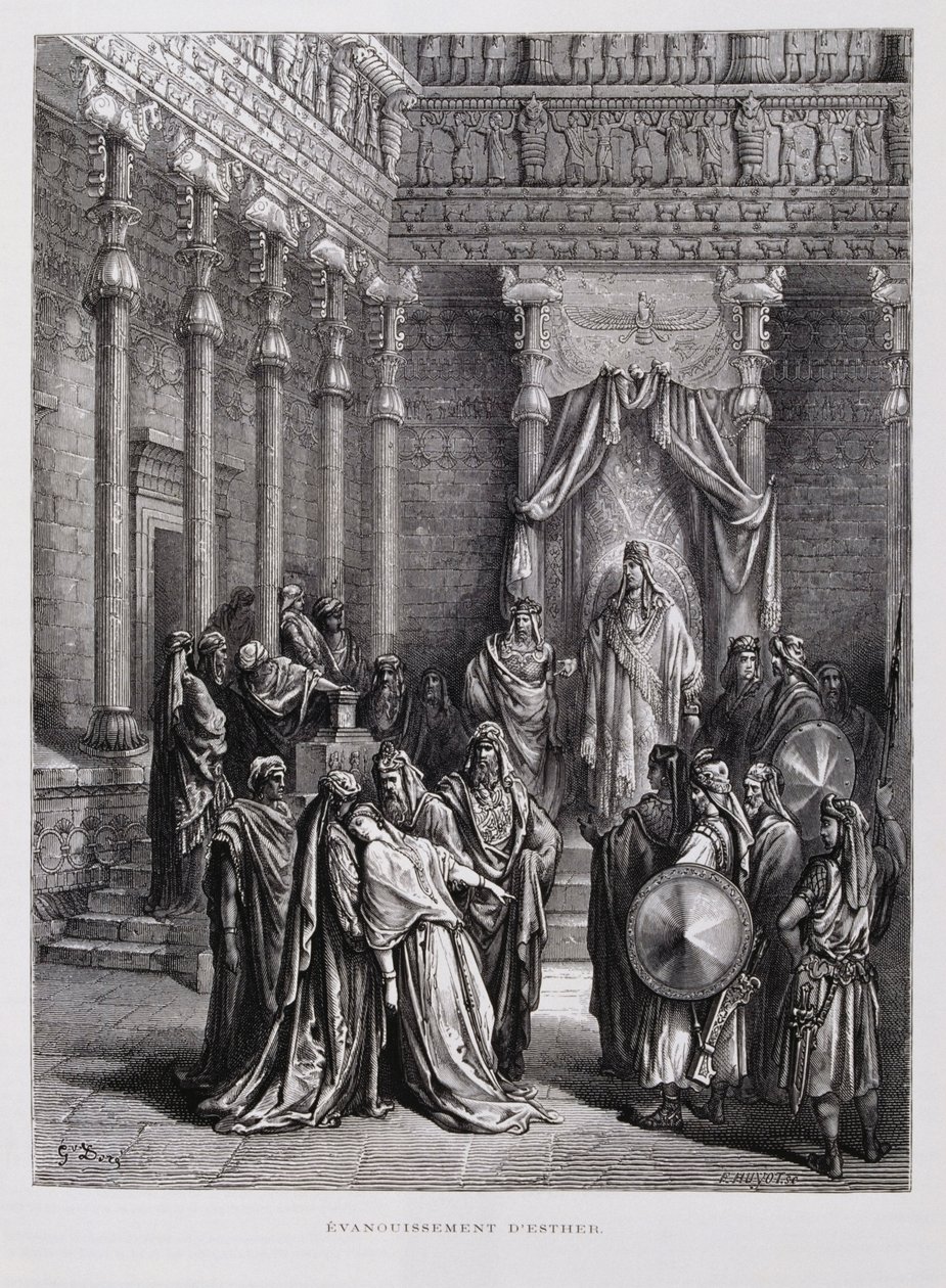Eszter királynő elájul a király előtt, Illusztráció a Dore Bibliából. alkotó: Gustave Dore