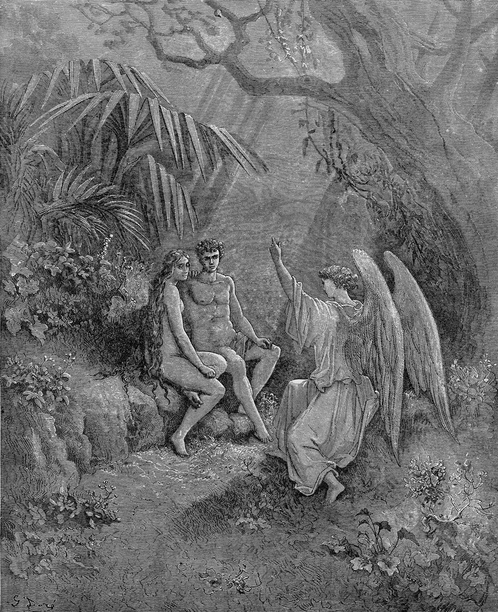 Raphael Ádámmal és Évával beszélget. Illusztráció: John Miltons Paradise Lost, 1866 alkotó: Gustave Dore