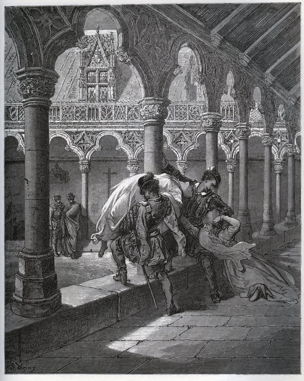 Don Fernand szavalása; elviszi Luscinde-ot a kolostorból, ahol menedéket talált - Miguel Cervantes (1547-1616) „Don Quijote de la Mancha” című művéből (Don Quijote) - Fametszet Gustave Dore rajza alapján alkotó: Gustave Dore
