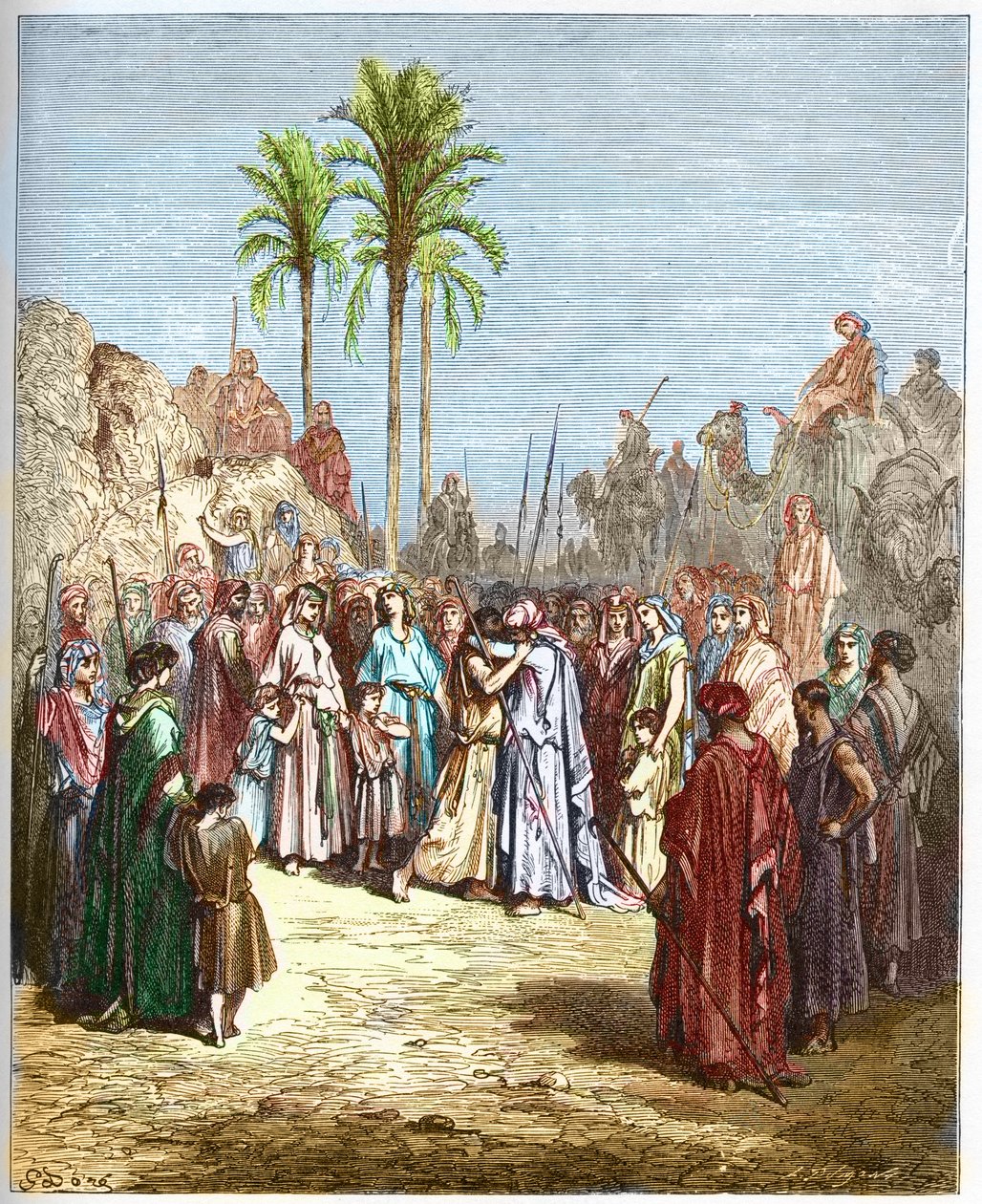 Megbékélés Jákob és Ézsau között - Jákob és Ézsau megbékélése Genese, XXXIII, 4 - - Metszet Gustave Dore (1832-1883) „Biblia illusztrációjából” - Metszet „A Dore Bibliából”” alkotó: Gustave Dore