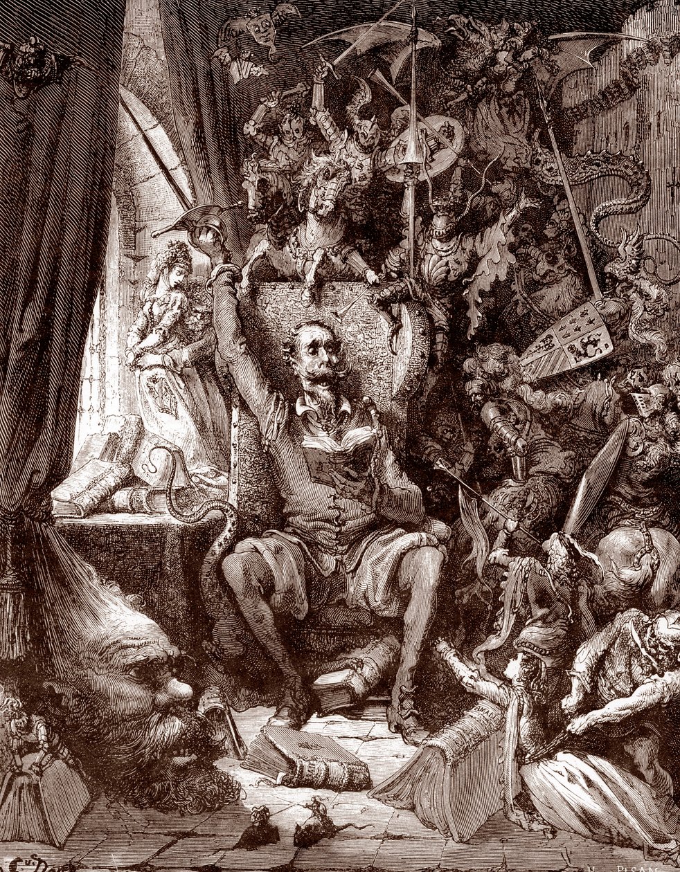 Don Quijote ábrázolása a könyvtárában, Gustave Dore (1832-1883) metszete a „L