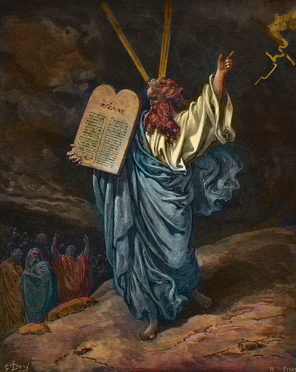 Mózes ábrázolása a törvény új tábláival a Sínai hegyen - Gustave Dore (1832-1883) metszet - későbbi színezés alkotó: Gustave Dore