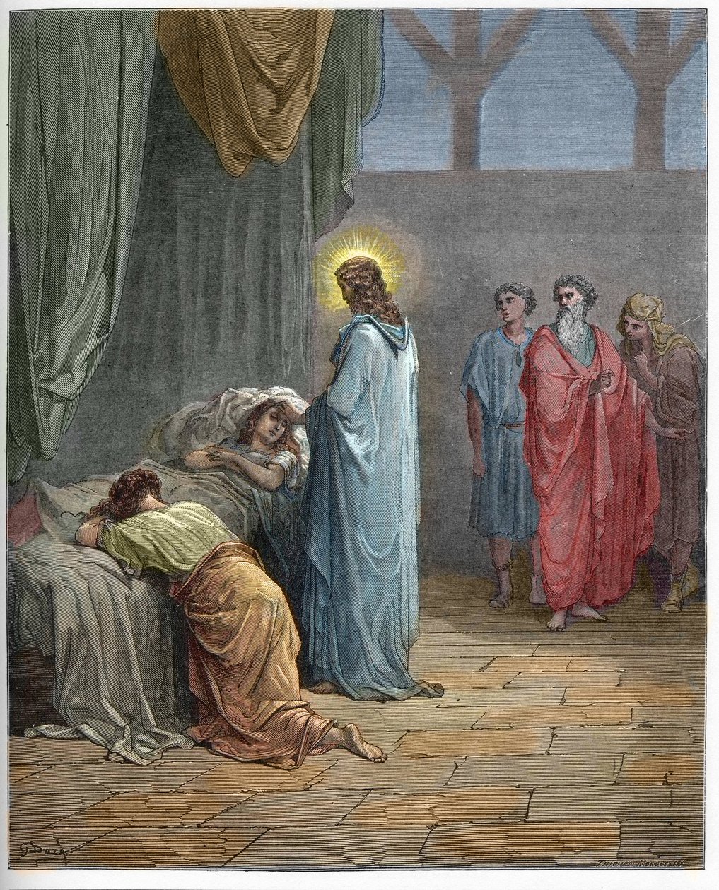 Jaire leányának feltámadása - Jairus lányának felnevelése (Jézus felneveli Jairus lányát) - Gustave Dore (1832-1883) "" The Bible illustree" -be vésve - Metszet a "" The Dore Bible"-ből" alkotó: Gustave Dore