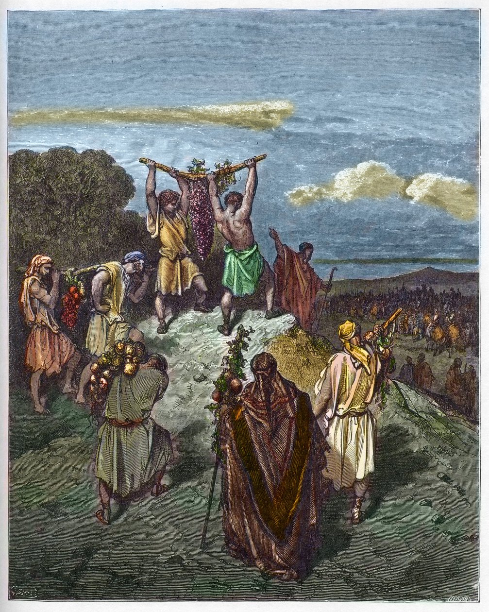 Visszatérés Kánaán földjéről - Josue és Caleb visszatérése egy hatalmas szőlőfürttel Kánaán földjéről (Ígéret Földje) - - Gustave Dore (1832-1883) „The Bible Illustree”-be vésve - Metszet a „”-ről A Dore Biblia” alkotó: Gustave Dore