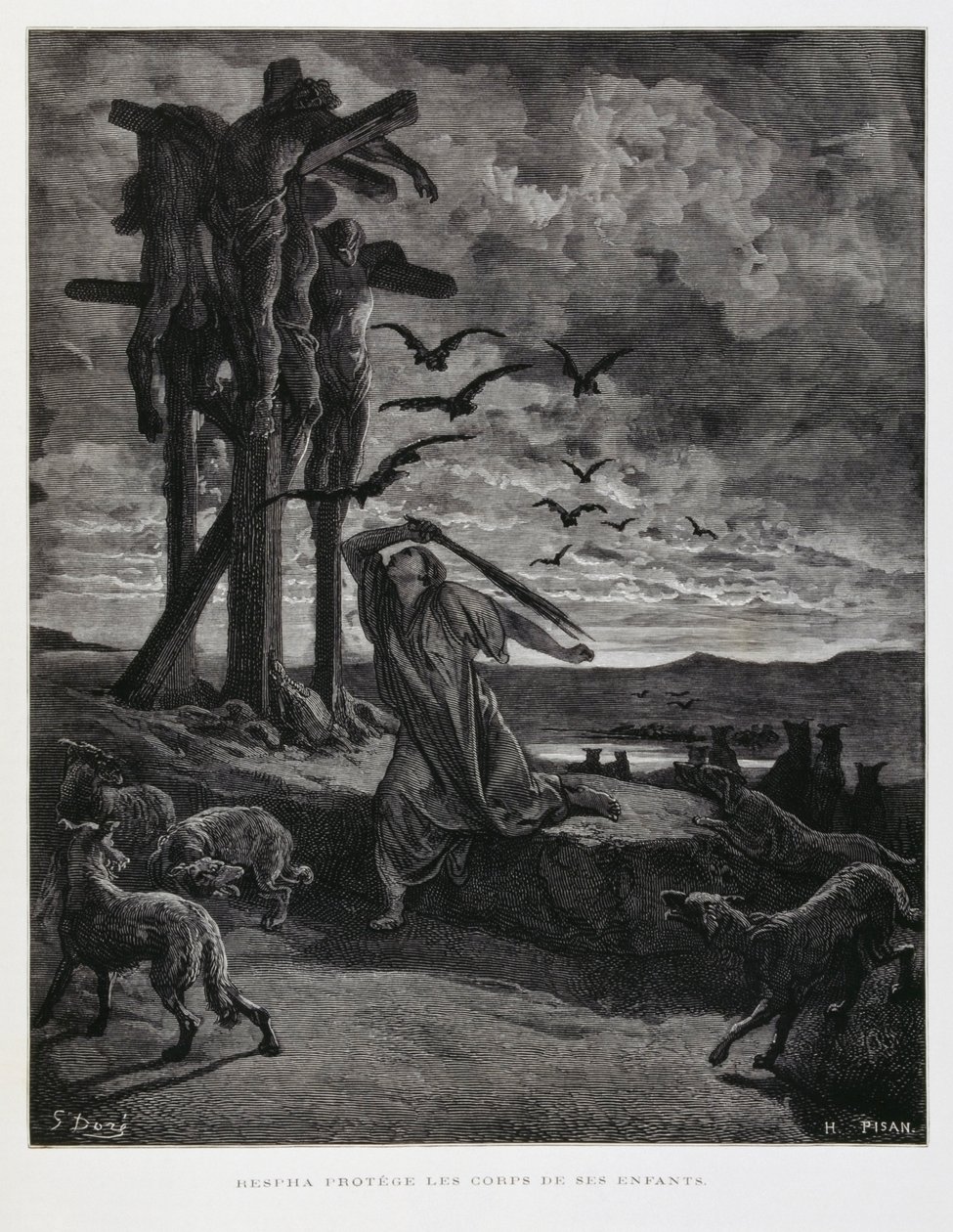 Rizpah megakadályozza, hogy a vadállatok meggyalázzák halott fiai testét, Illusztráció a Dore Bibliából. alkotó: Gustave Dore
