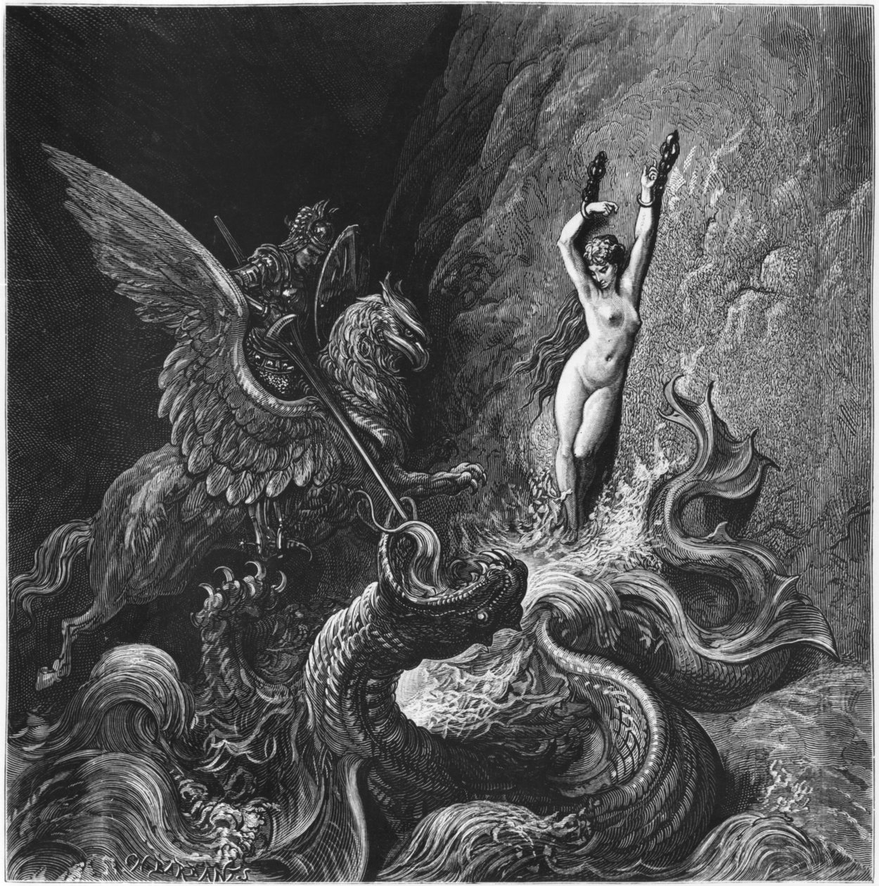 Ruggiero megmenti Angelicát, illusztrációja Ludovico Ariosto (1474-1533) „Orlando Furioso” X. énekéből, 1888-ban, Párizs (metszet) alkotó: Gustave Dore