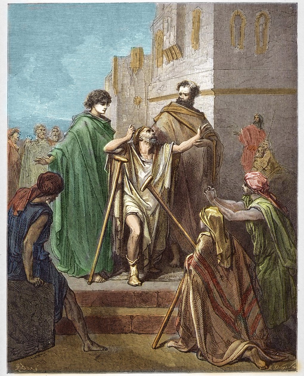 Szent Péter és Szent János pengét gyógyító - A sánta Guerisonja - Szent Péter, Szent János kíséretében, csodával határos módon harcolt egy sánta emberrel Jeruzsálemben - - Gustave Dore (1832-1883) „The Bible illustree”-be vésve - Metszet a „ "A Dore Biblia alkotó: Gustave Dore