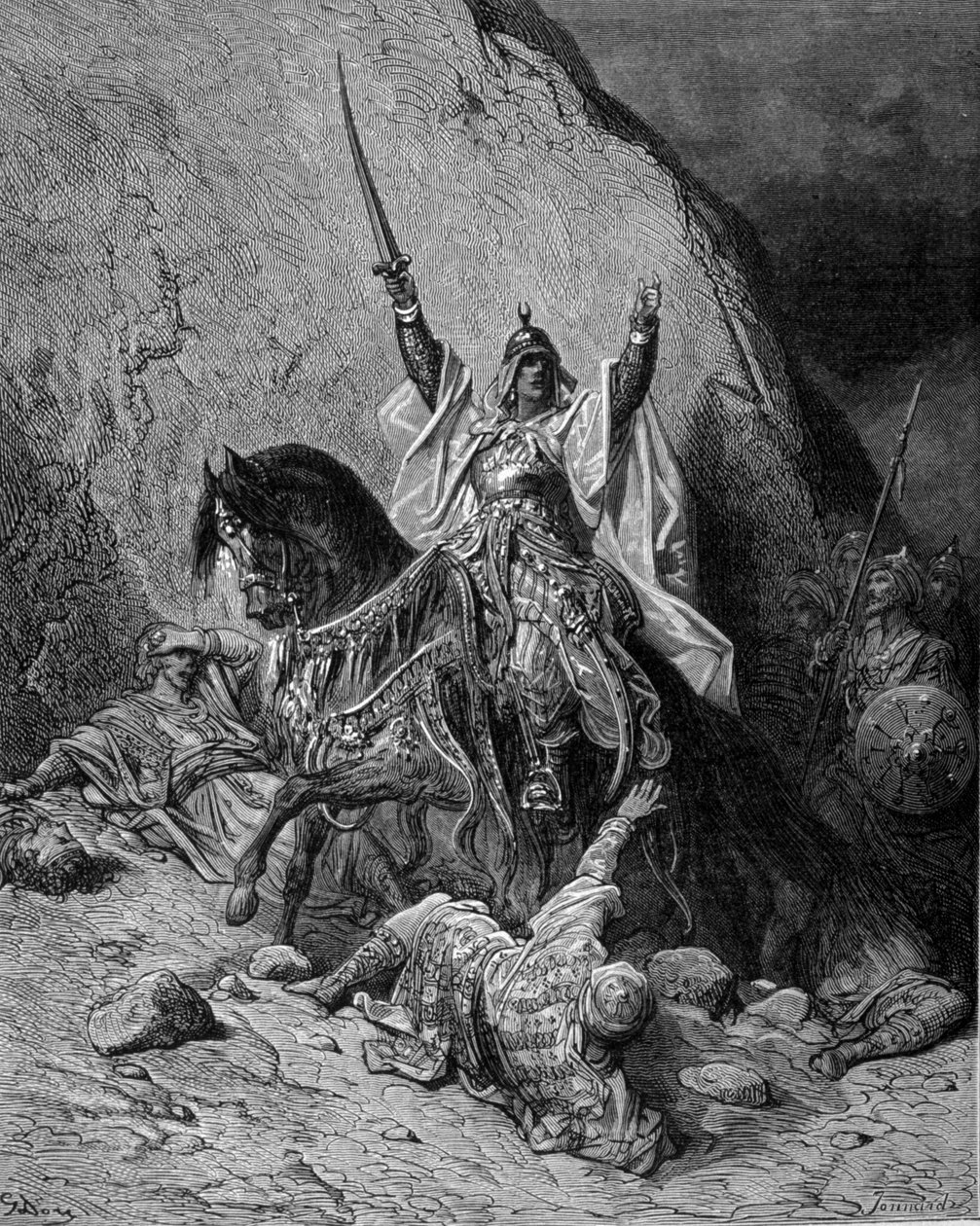 Szaladin (1138-1193) (Salah al Din Yusuf al-Ayyubi (al Ayyubi) csapatai élén az átkelők ellen – Gustave Dore metszet alkotó: Gustave Dore