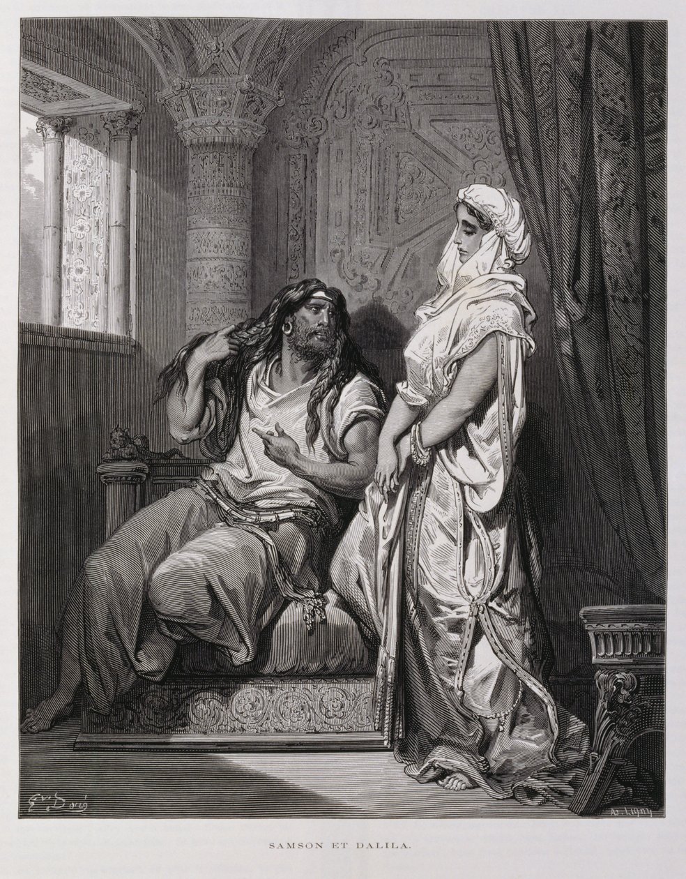 Sámson és Delila, Bírák könyvének 16. fejezete, az Ószövetségben, illusztráció a Dore Bibliából. alkotó: Gustave Dore