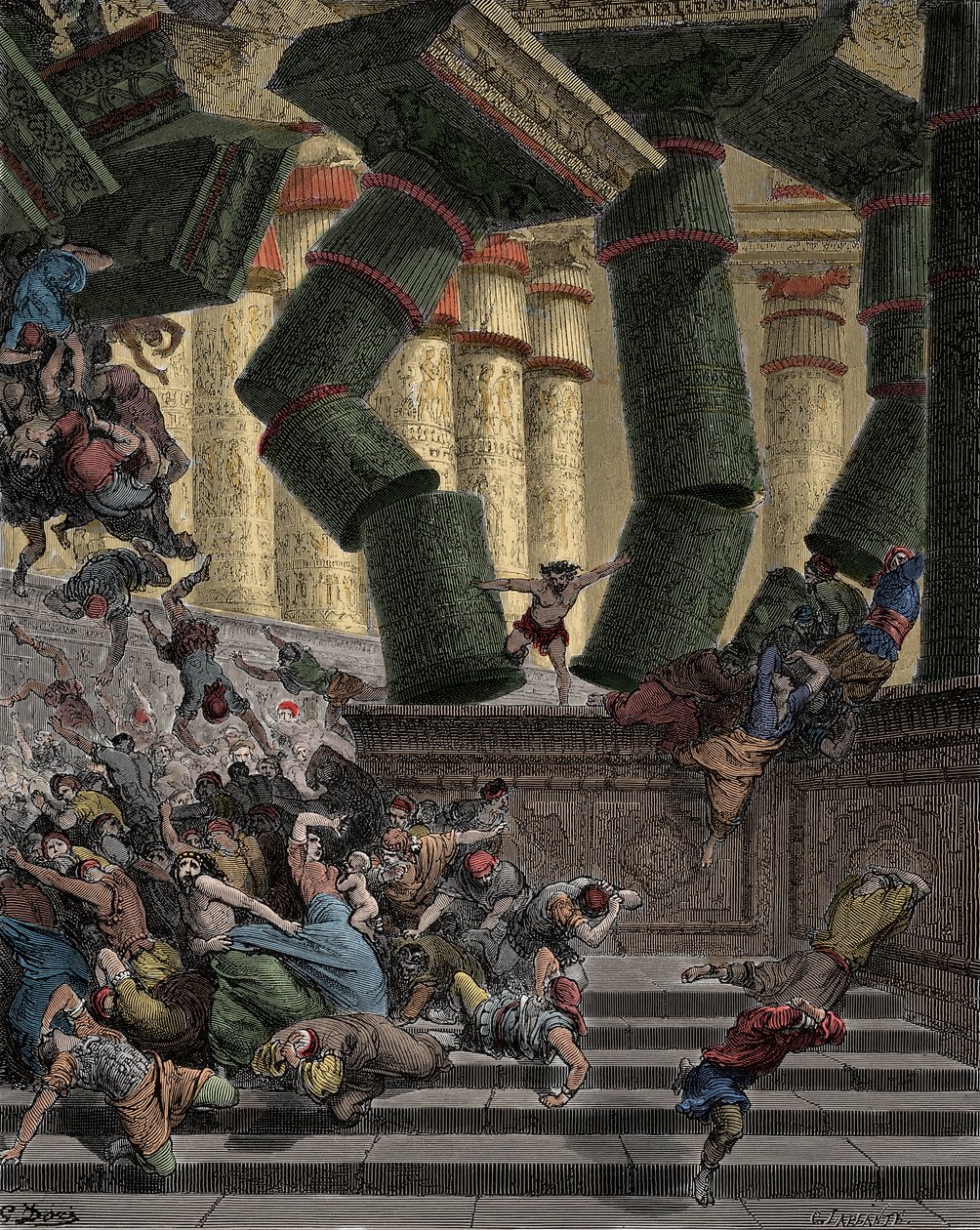 Sámson lerombolja a Dagon templomát, Gustave Dore metszete (1832-1883) alkotó: Gustave Dore